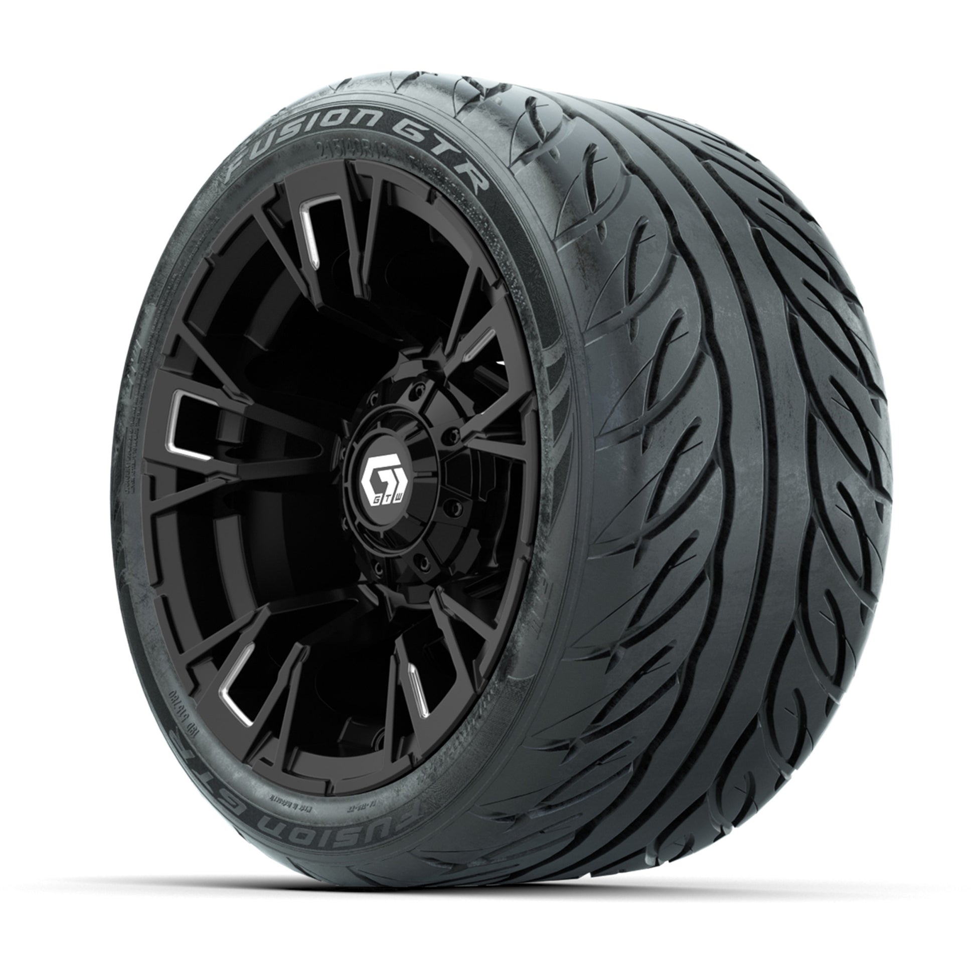 GTW® Vandal Matte Black/Machined 12 in Wheels with 215/40-R12 Fusion GTR Steel Belt Radial Street Tires – Full Set