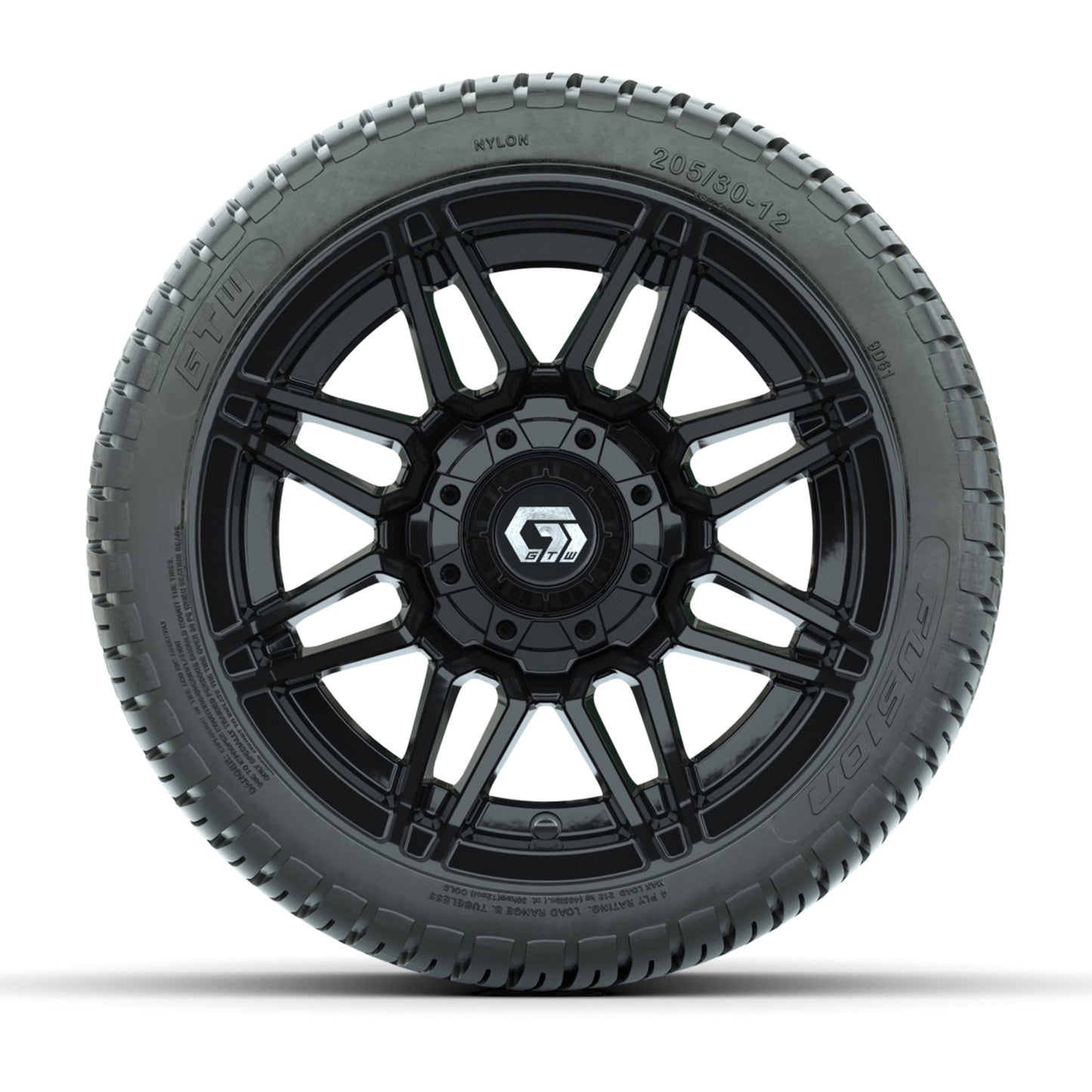 GTW® Stealth Black/Machined 12 in Wheels with 205/30-12 Fusion Street Tires – Full Set