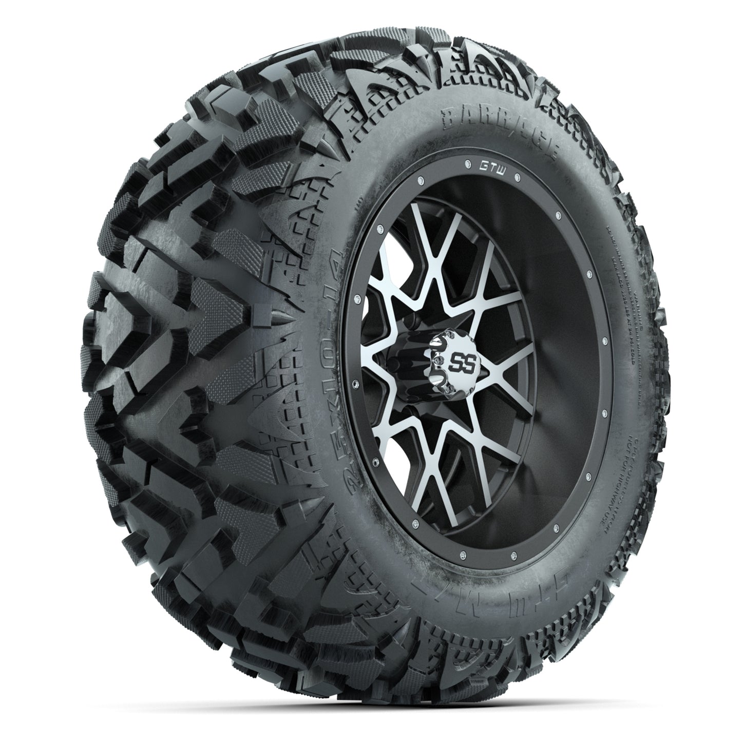 GTW Vortex Matte Gray/Machined 14 in Wheels with 25x10-14 Barrage Mud Tires – Full Set