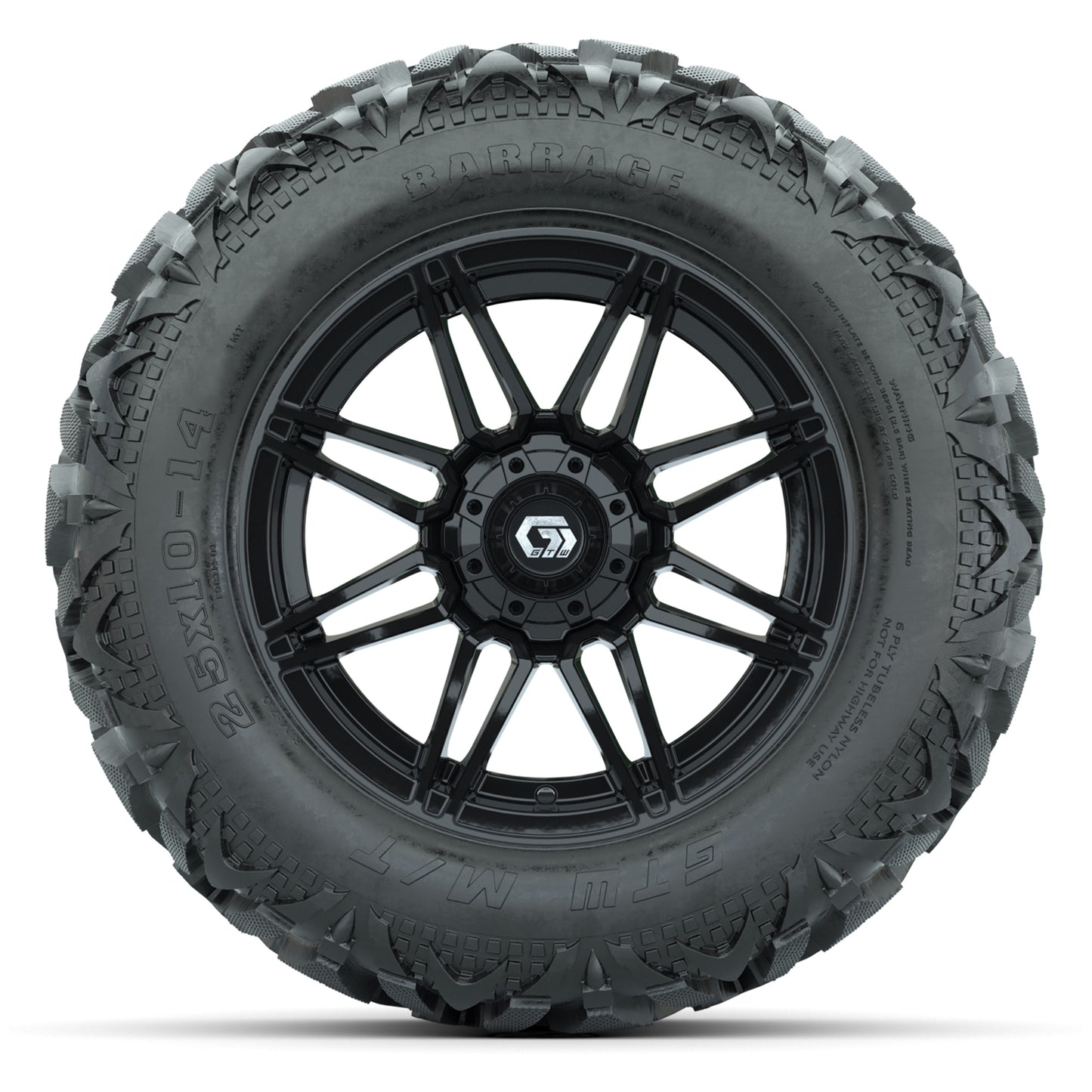 GTW Stealth Gloss Black 14 in Wheels with 25x10-14 Barrage Mud Tires – Full Set