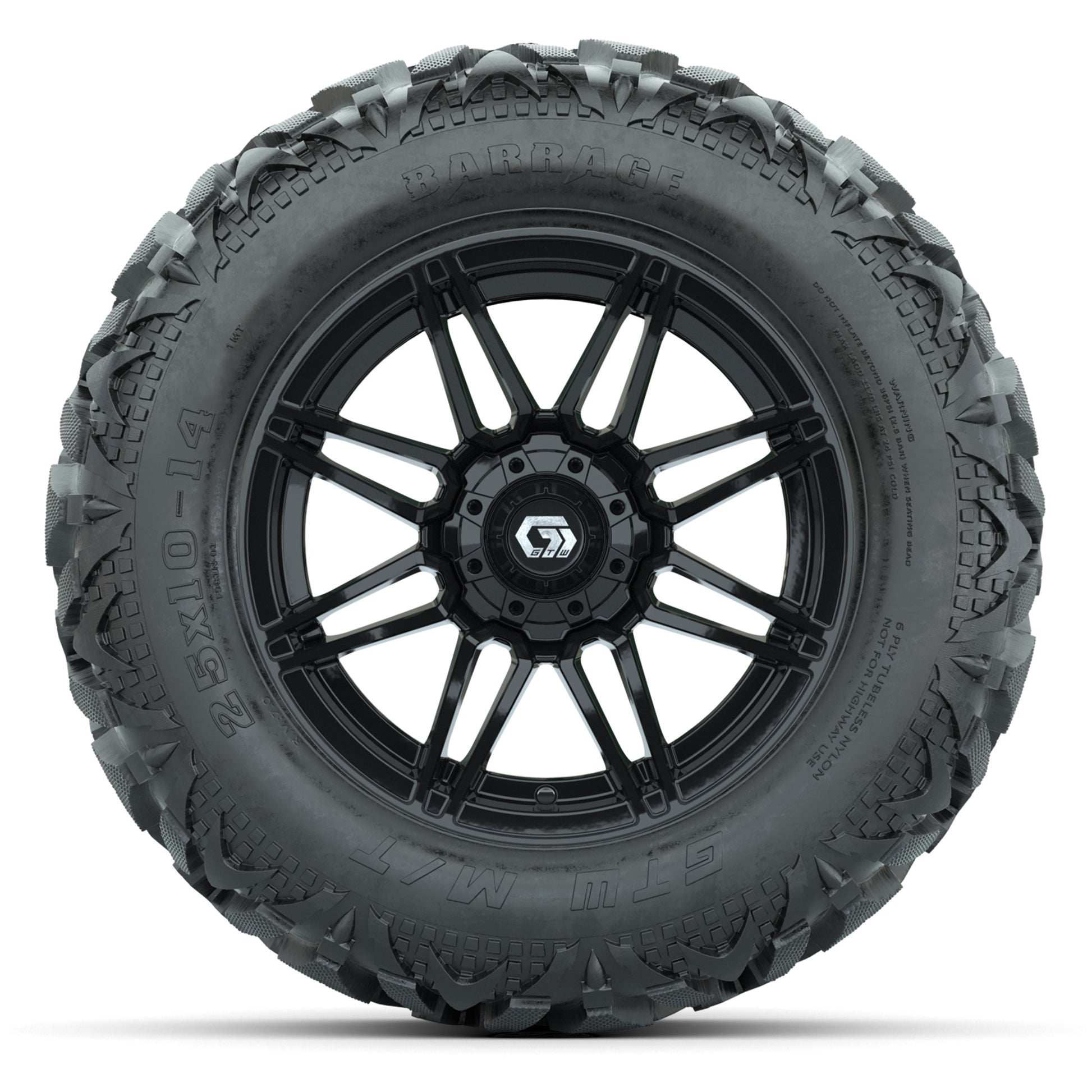 GTW Stealth Gloss Black 14 in Wheels with 25x10-14 Barrage Mud Tires – Full Set