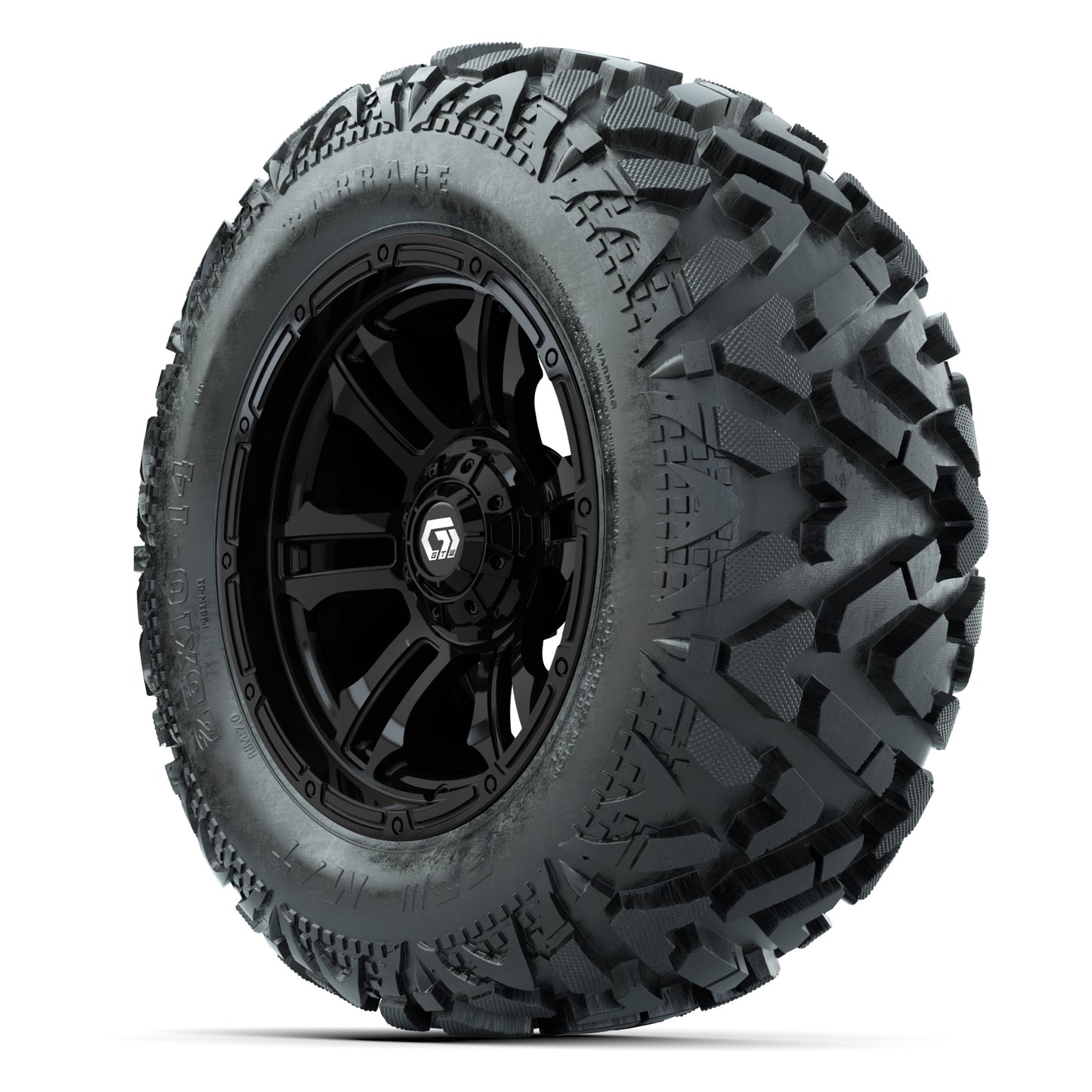 GTW Shogun Gloss Black 14 in Wheels with 25x10-14 Barrage Mud Tires – Full Set