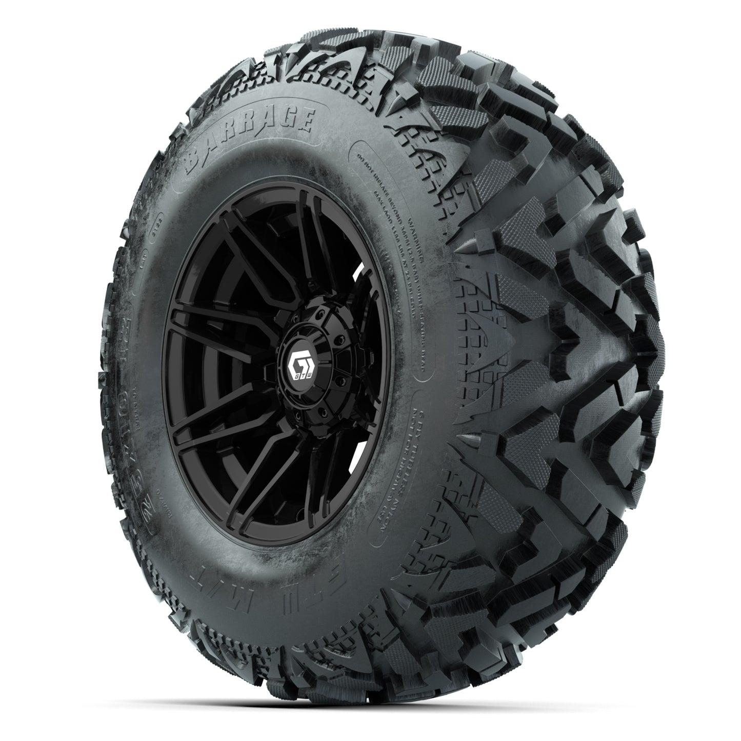 GTW® Stealth Gloss Black 12 in Wheels with 25X10-12 Barrage Mud Tires – Full Set
