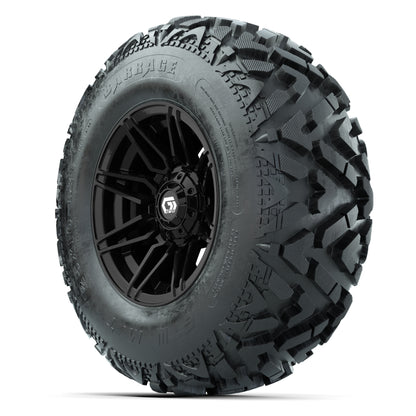 GTW® Stealth Gloss Black 12 in Wheels with 25X10-12 Barrage Mud Tires – Full Set