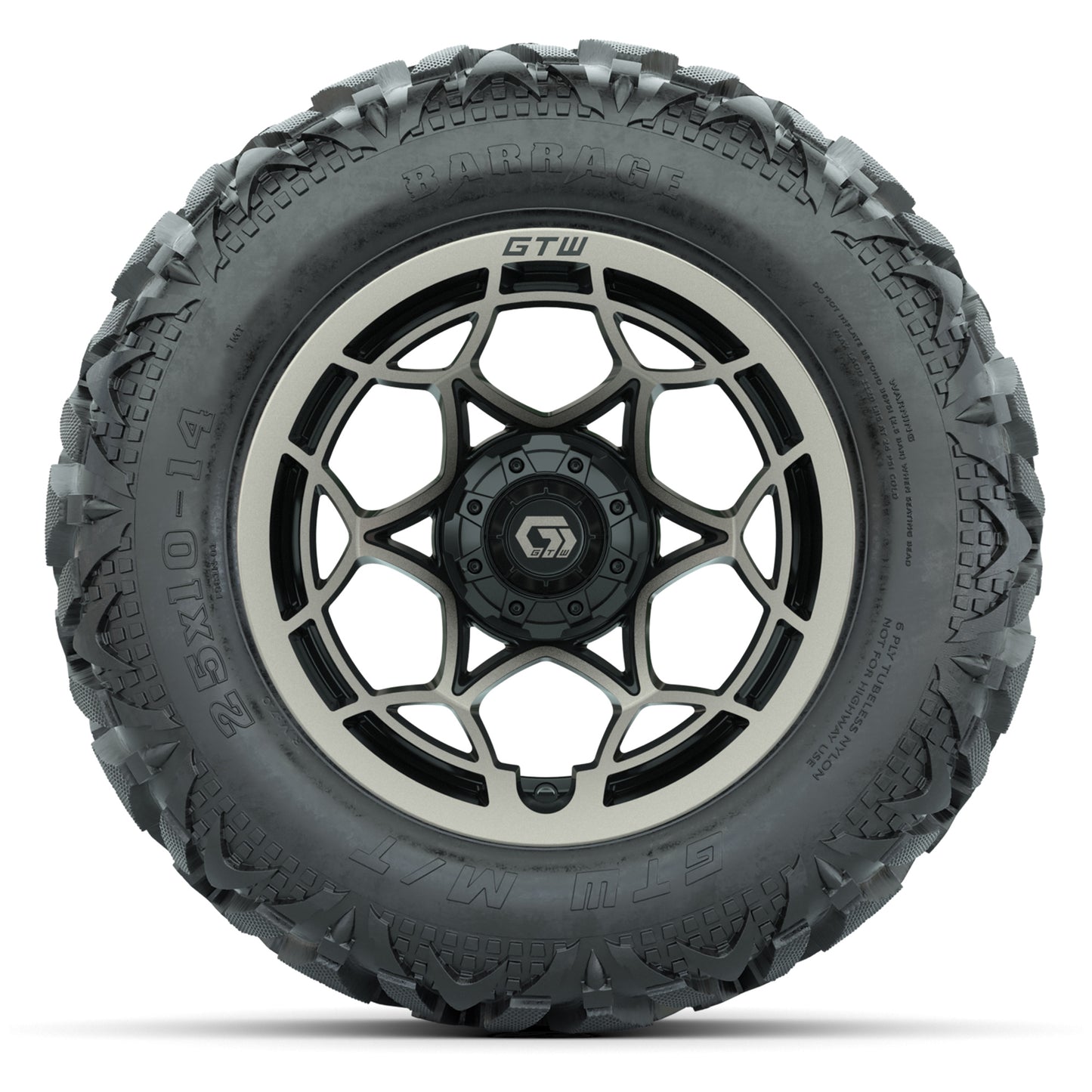 GTW Nexus Black/Bronze 14 in Wheels with 25x10-14 Barrage Mud Tires – Full Set