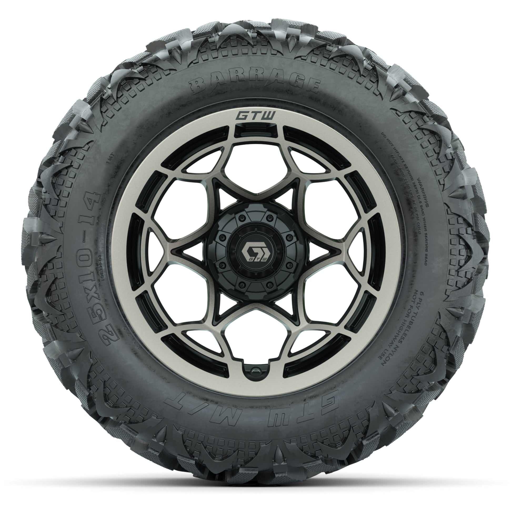 GTW Nexus Black/Bronze 14 in Wheels with 25x10-14 Barrage Mud Tires – Full Set