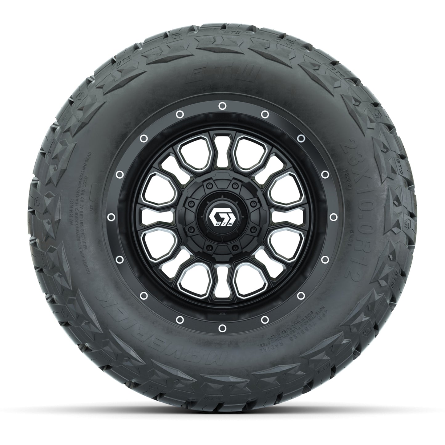GTW Volt Black/Machined 12 in Wheels with 23x10.00-R12 Maverick All-Terrain Tires – Full Set