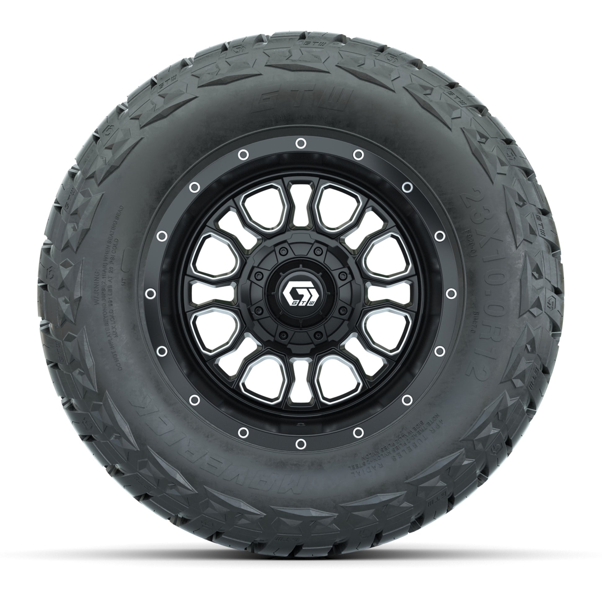 GTW Volt Black/Machined 12 in Wheels with 23x10.00-R12 Maverick All-Terrain Tires – Full Set