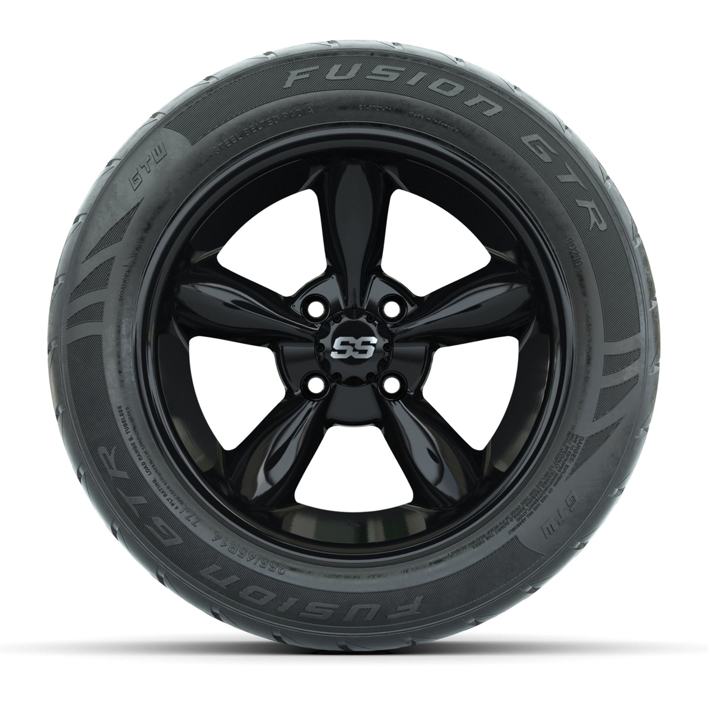 GTW® Godfather Black 14 in Wheels with 255/45-R14 Fusion GTR Steel Belt Radial Street Tires – Full Set