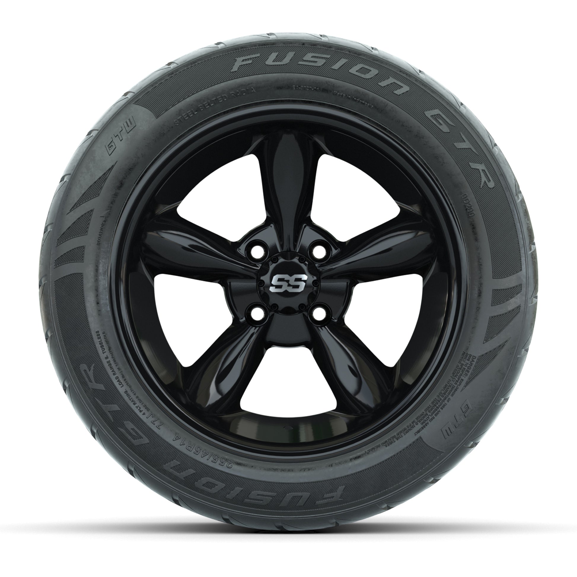 GTW® Godfather Black 14 in Wheels with 255/45-R14 Fusion GTR Steel Belt Radial Street Tires – Full Set
