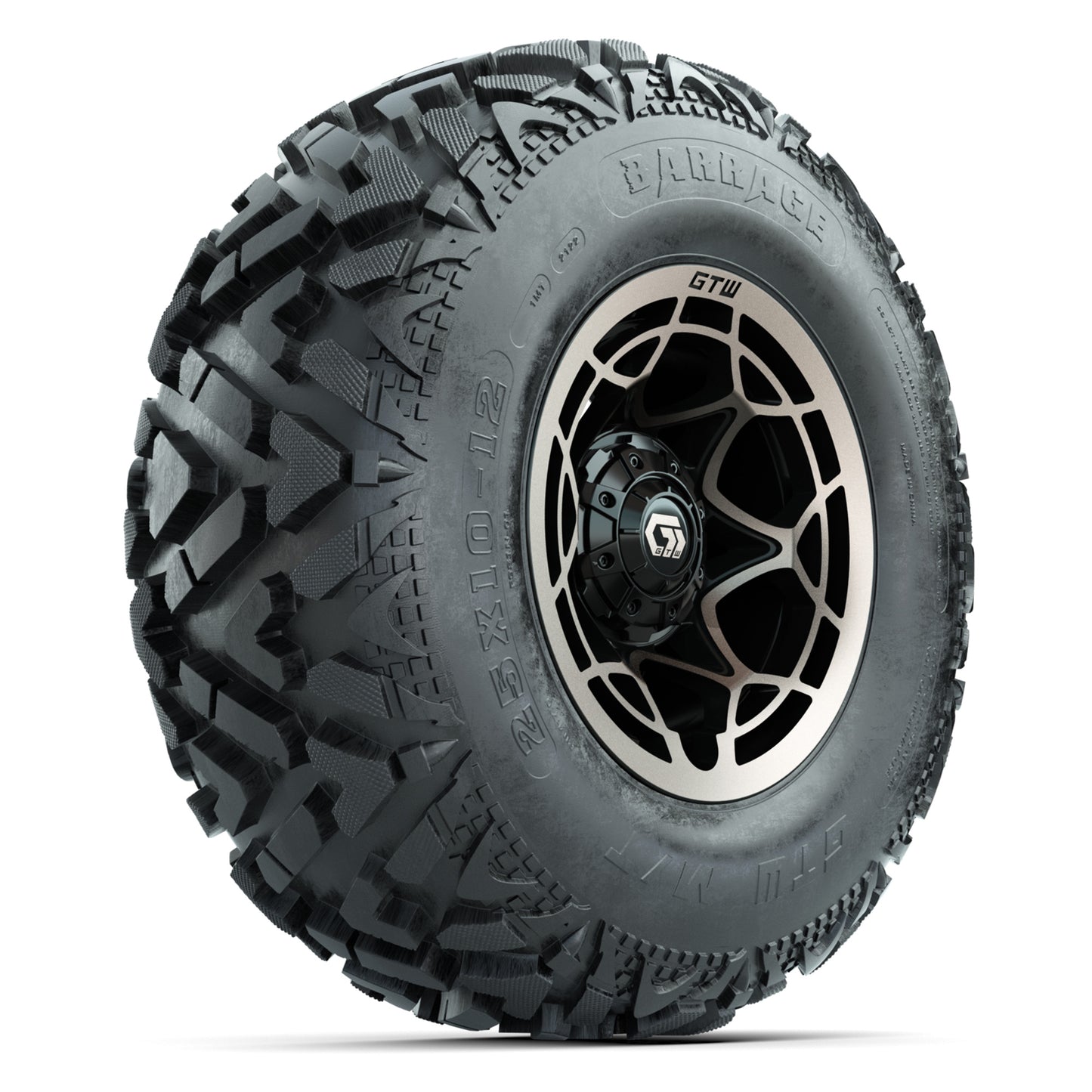GTW® Nexus Black/Bronze 12 in Wheels with 25X10-12 Barrage Mud Tires – Full Set