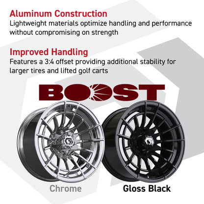 GTW® Boost Chrome 12 in Wheels with 22x11.00-12 Rogue All-Terrain Tires – Full Set