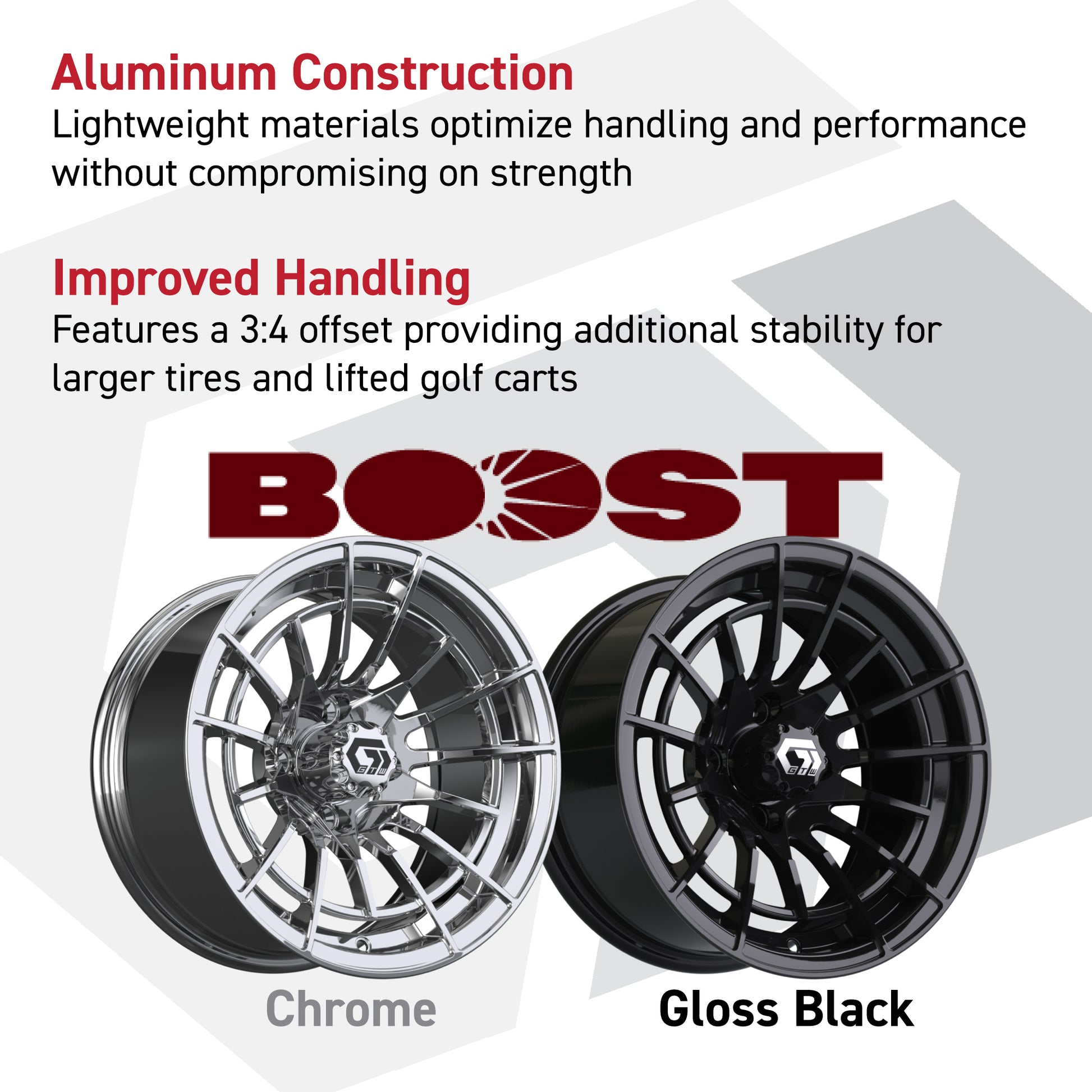 GTW® Boost Chrome 12 in Wheels with 205/30-12 Fusion Street Tires – Full Set