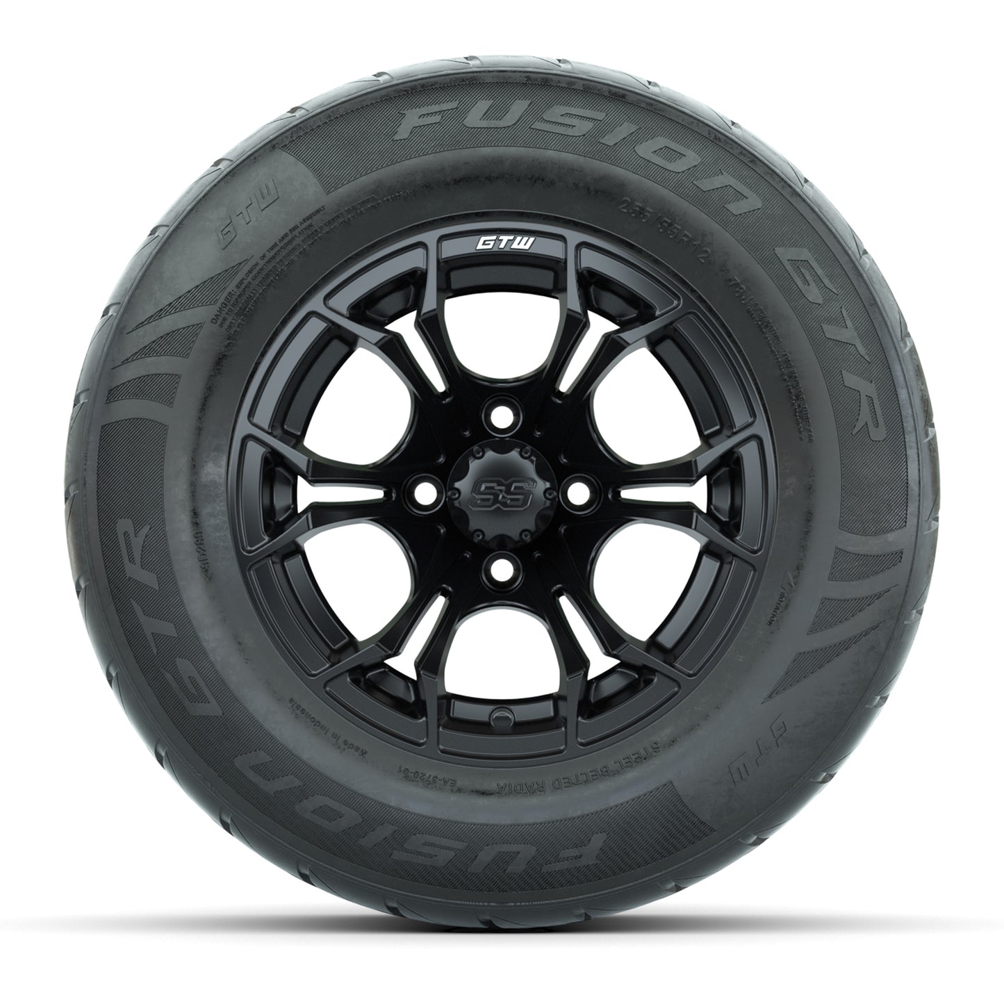 GTW® Spyder Matte Black 12 in Wheels with 255/55-R12 Fusion GTR Steel Belt Radial Street Tires – Full Set