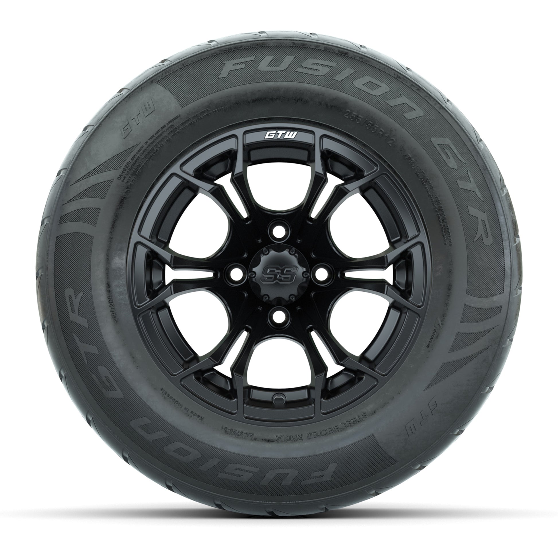GTW® Spyder Matte Black 12 in Wheels with 255/55-R12 Fusion GTR Steel Belt Radial Street Tires – Full Set