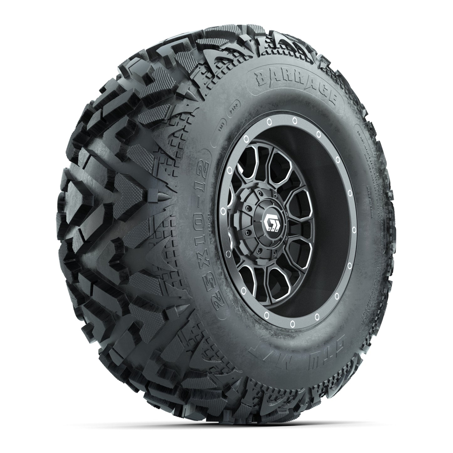 GTW® Volt Gunmetal 12 in Wheels with 25X10-12 Barrage Mud Tires – Full Set