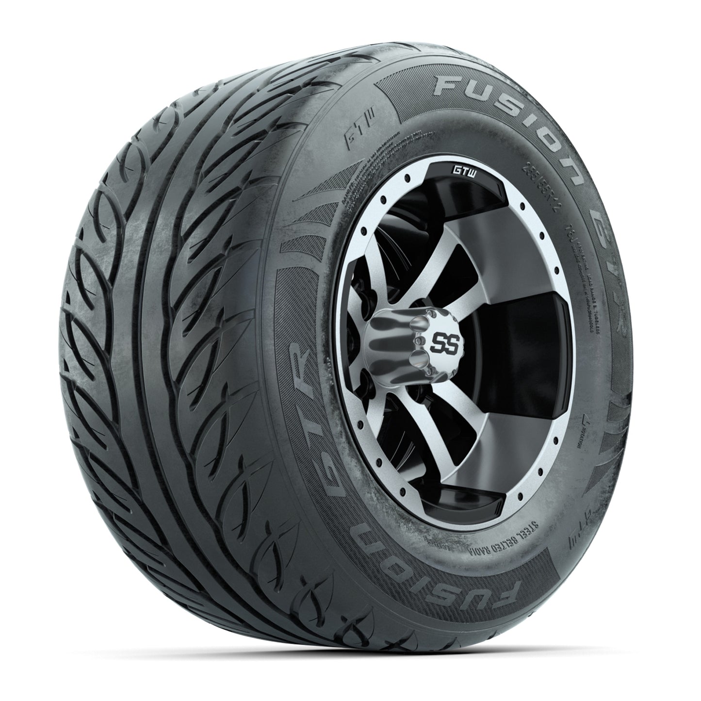 GTW® Storm Trooper Black/Machined 12 in Wheels with 255/55-R12 Fusion GTR Steel Belt Radial Street Tires - Full Set