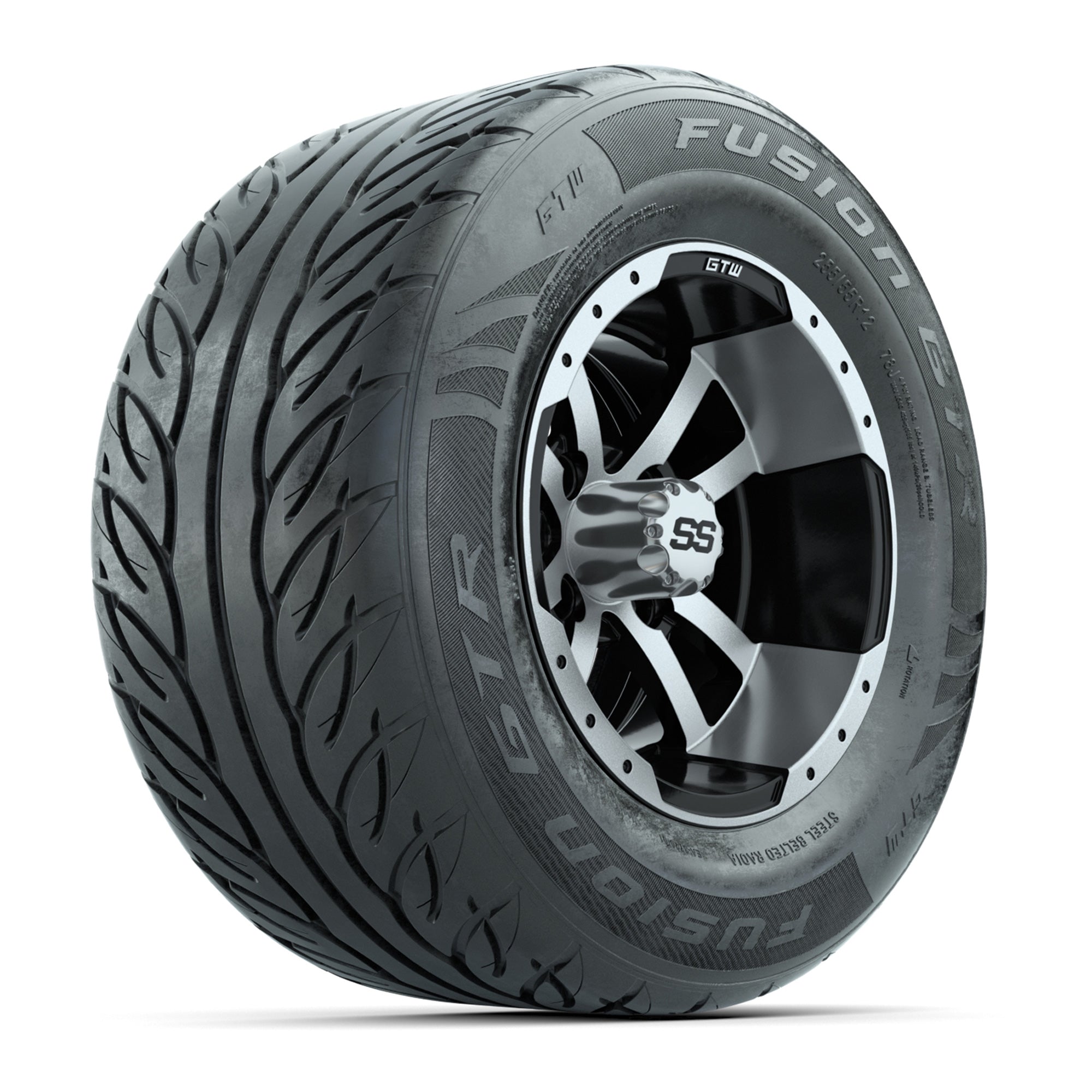 GTW® Storm Trooper Black/Machined 12 in Wheels with 255/55-R12 Fusion GTR Steel Belt Radial Street Tires - Full Set