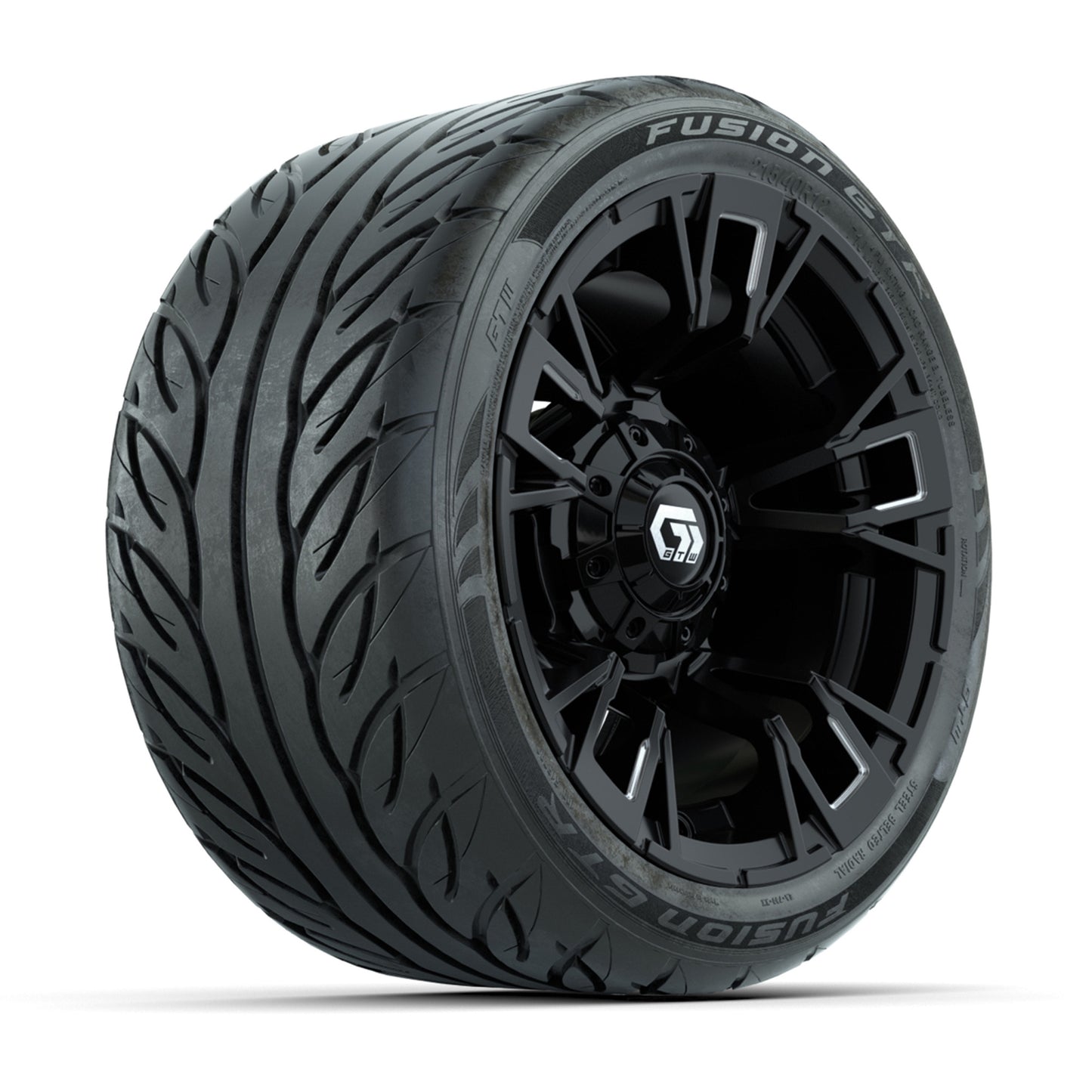 GTW® Vandal Matte Black/Machined 12 in Wheels with 215/40-R12 Fusion GTR Steel Belt Radial Street Tires – Full Set