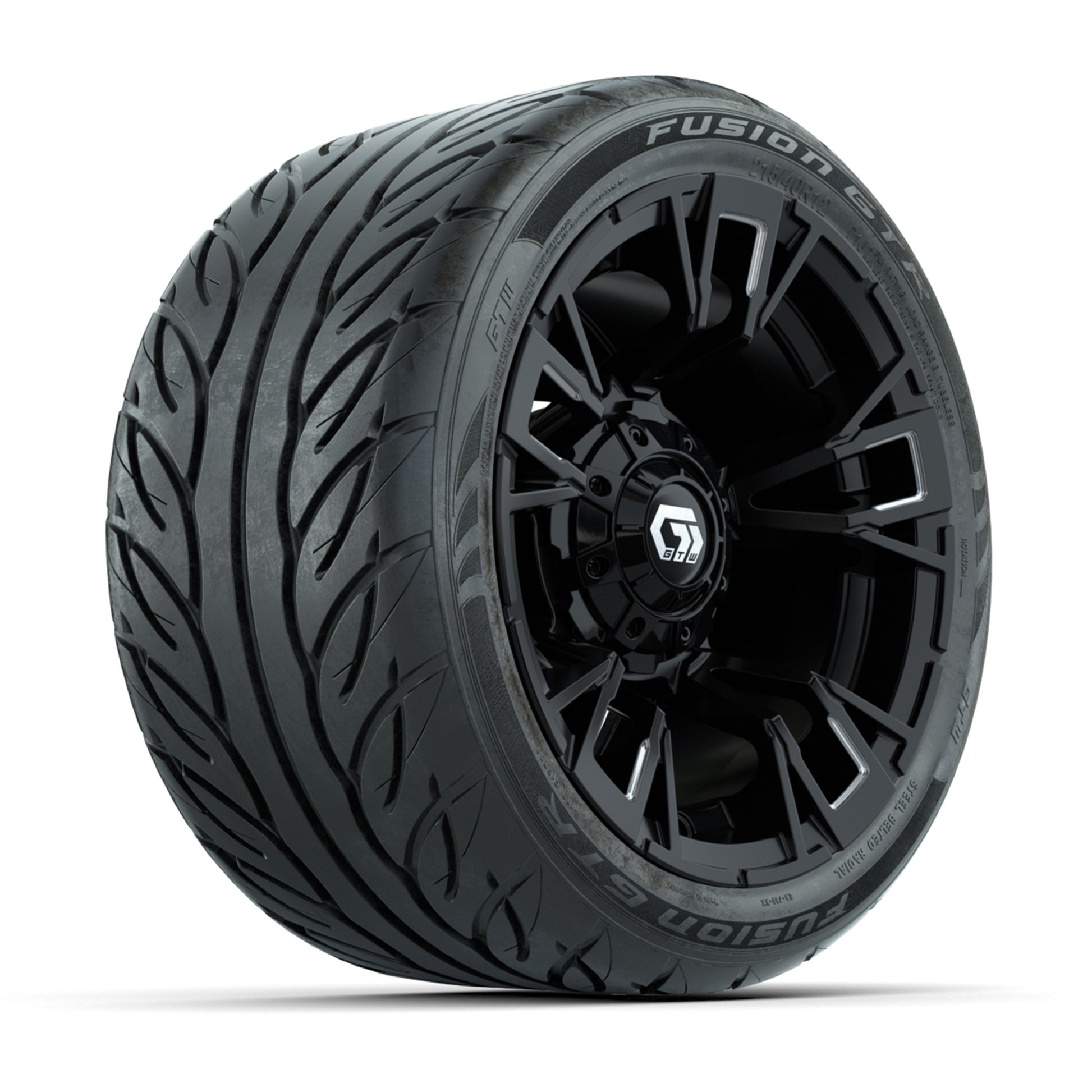 GTW® Vandal Matte Black/Machined 12 in Wheels with 215/40-R12 Fusion GTR Steel Belt Radial Street Tires – Full Set