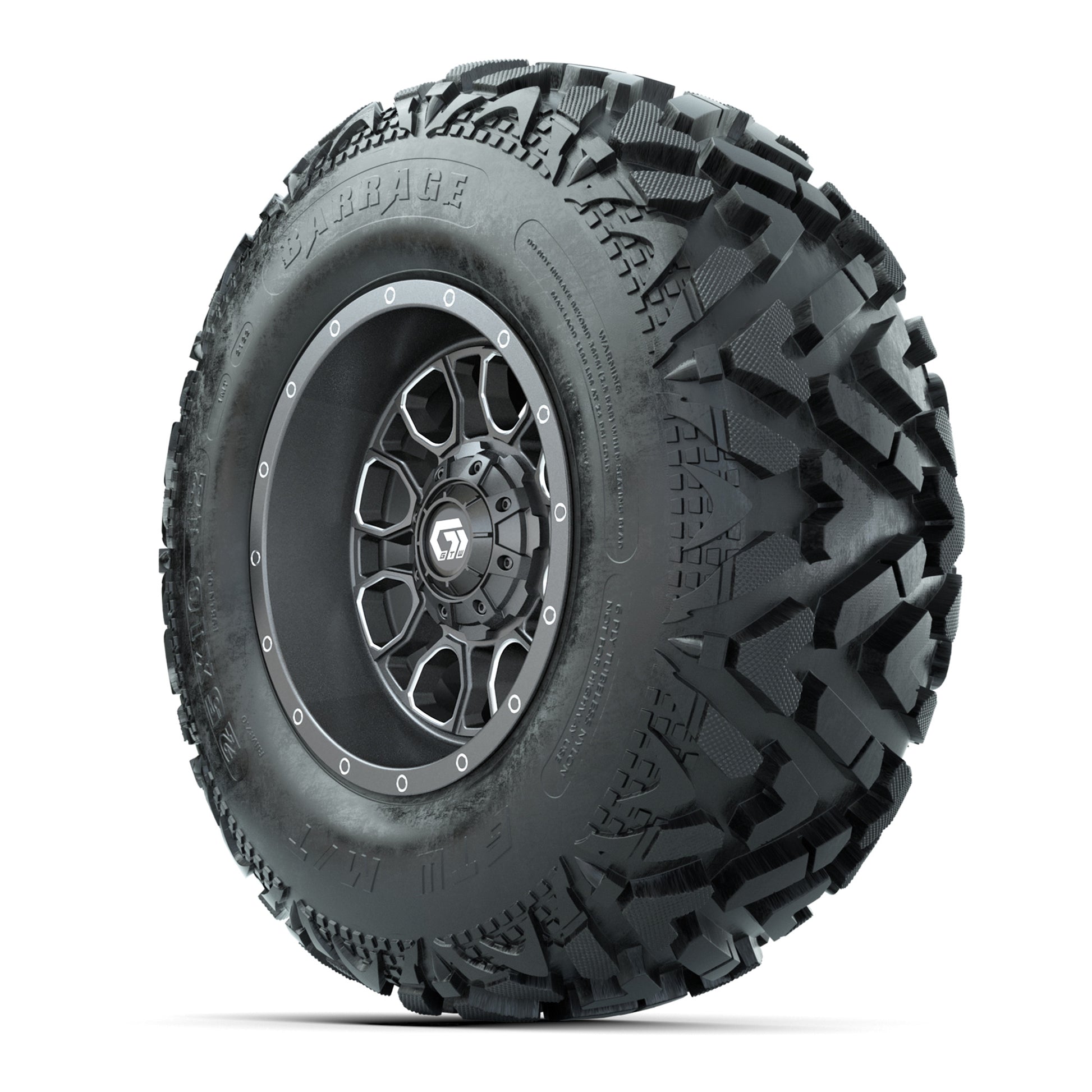 GTW® Volt Gunmetal 12 in Wheels with 25X10-12 Barrage Mud Tires – Full Set