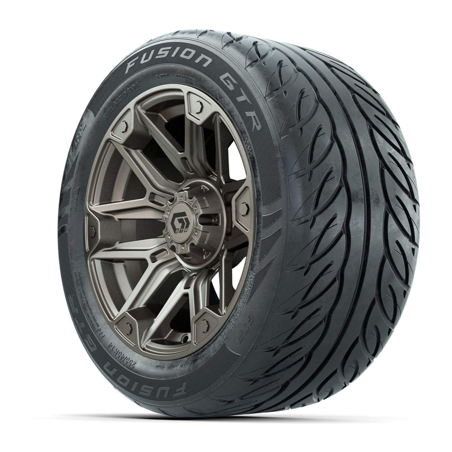 GTW® Graffiti Bronze/Black 14 in Wheels with 255/45-R14 Fusion GTR Steel Belt Radial Street Tires – Full Set