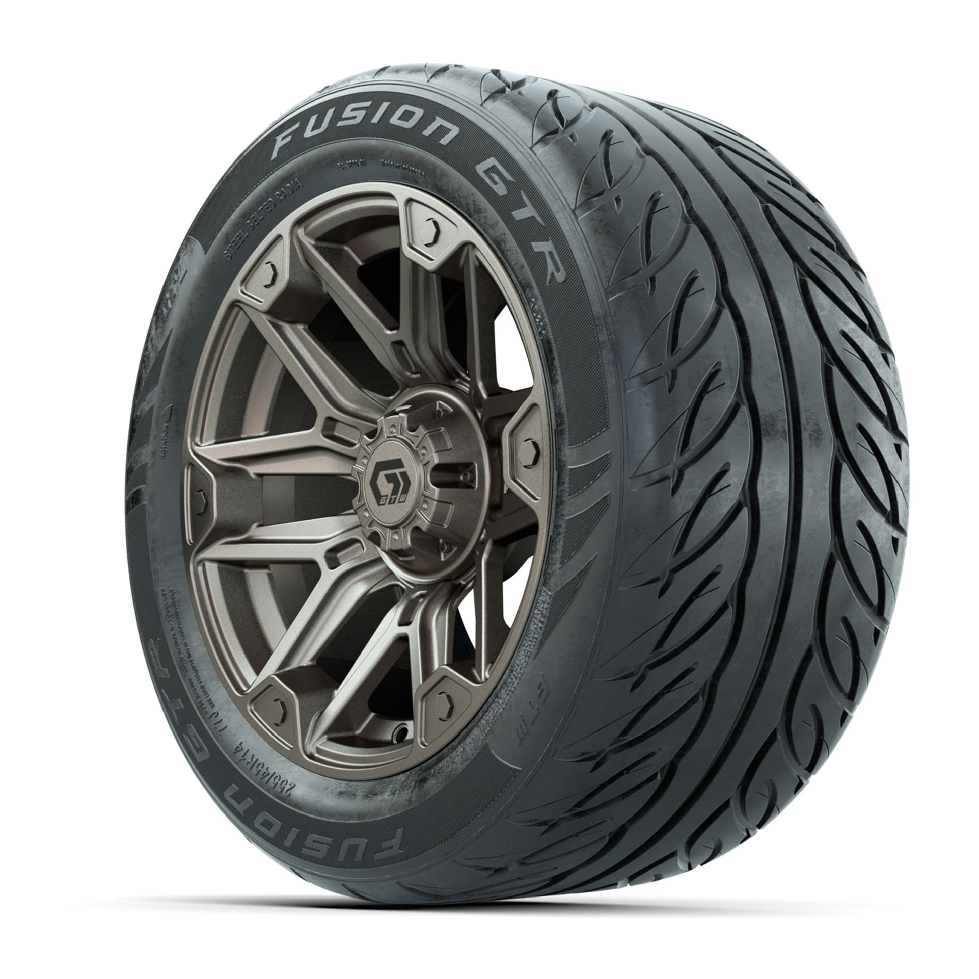 GTW® Graffiti Bronze/Black 14 in Wheels with 255/45-R14 Fusion GTR Steel Belt Radial Street Tires – Full Set