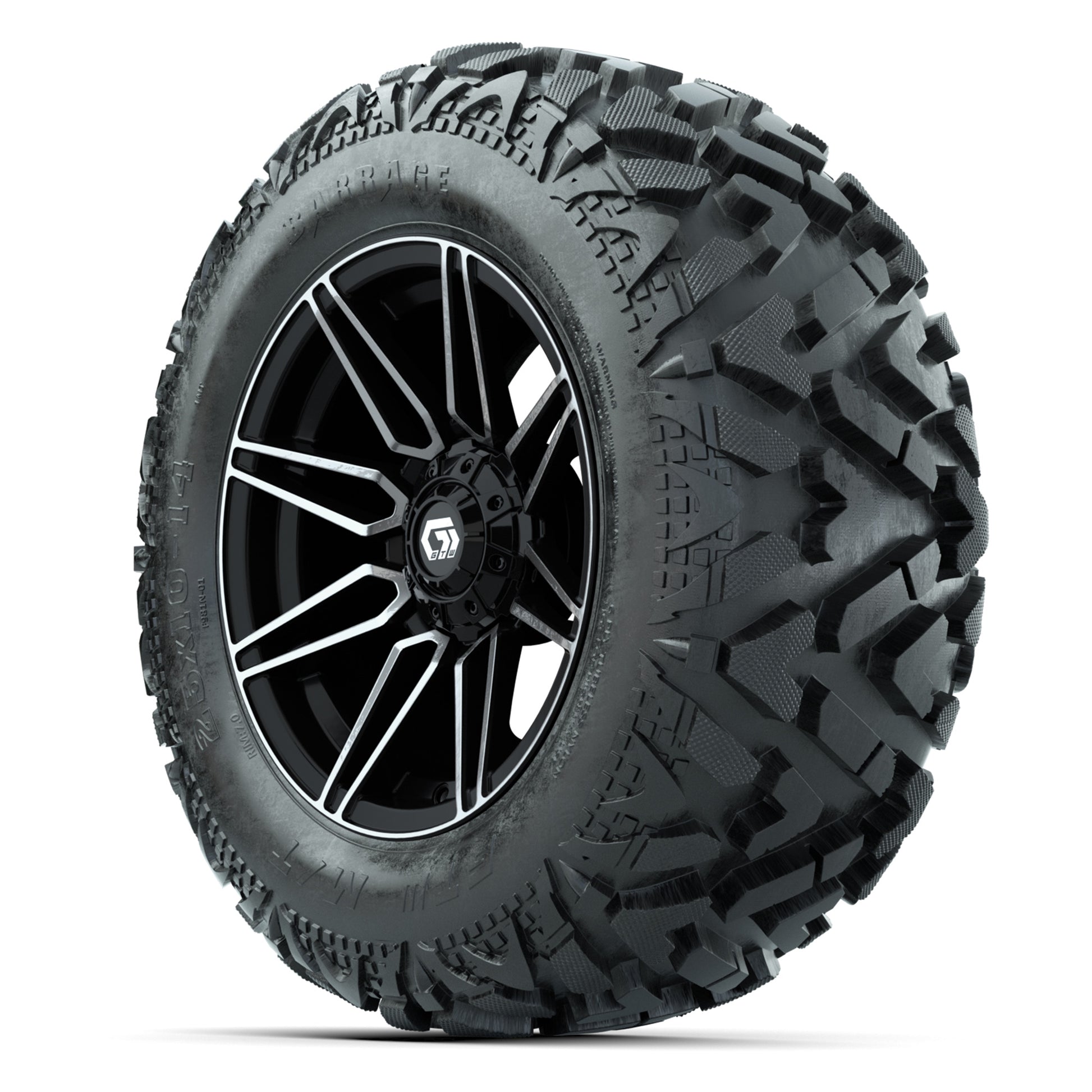 GTW Stealth Black/Machined 14 in Wheels with 25x10-14 Barrage Mud Tires – Full Set