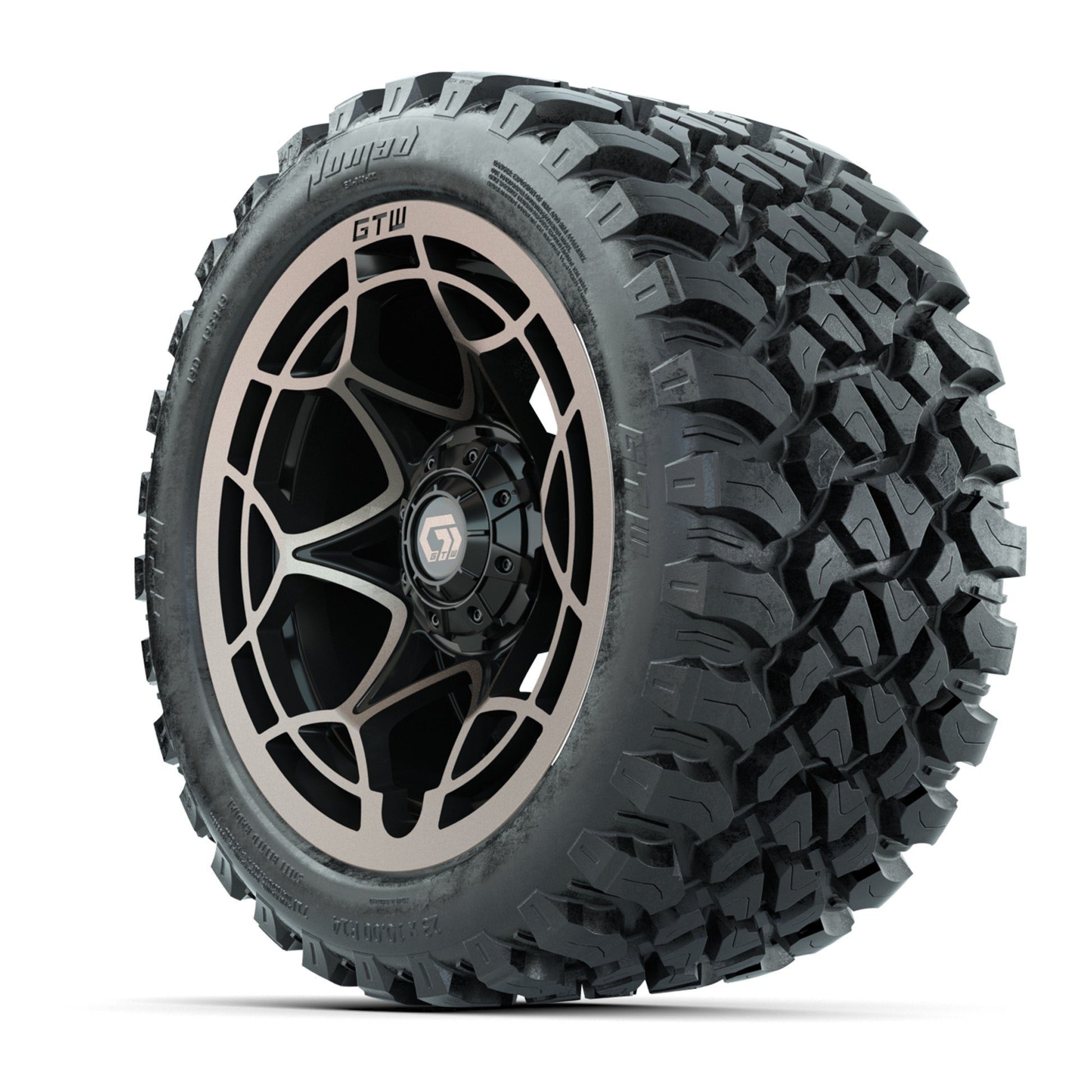 GTW® Nexus Black with Bronze Face 14 in Wheels with 23X10-R14 Nomad Steel Belt Radial All-Terrain Tires – Full Set