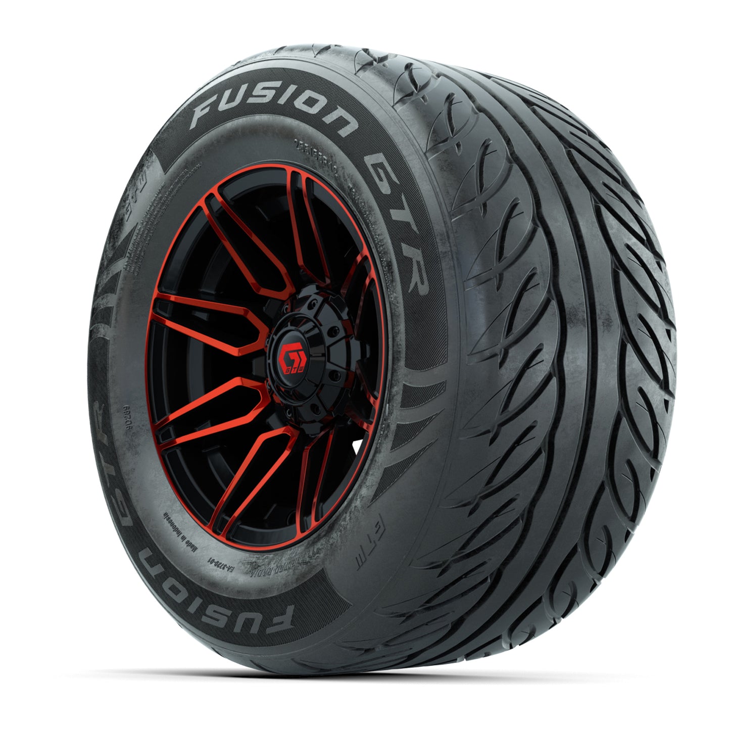 GTW® Stealth Red/Machined 12 in Wheels with 255/55-R12 Fusion GTR Steel Belt Radial Street Tires – Full Set