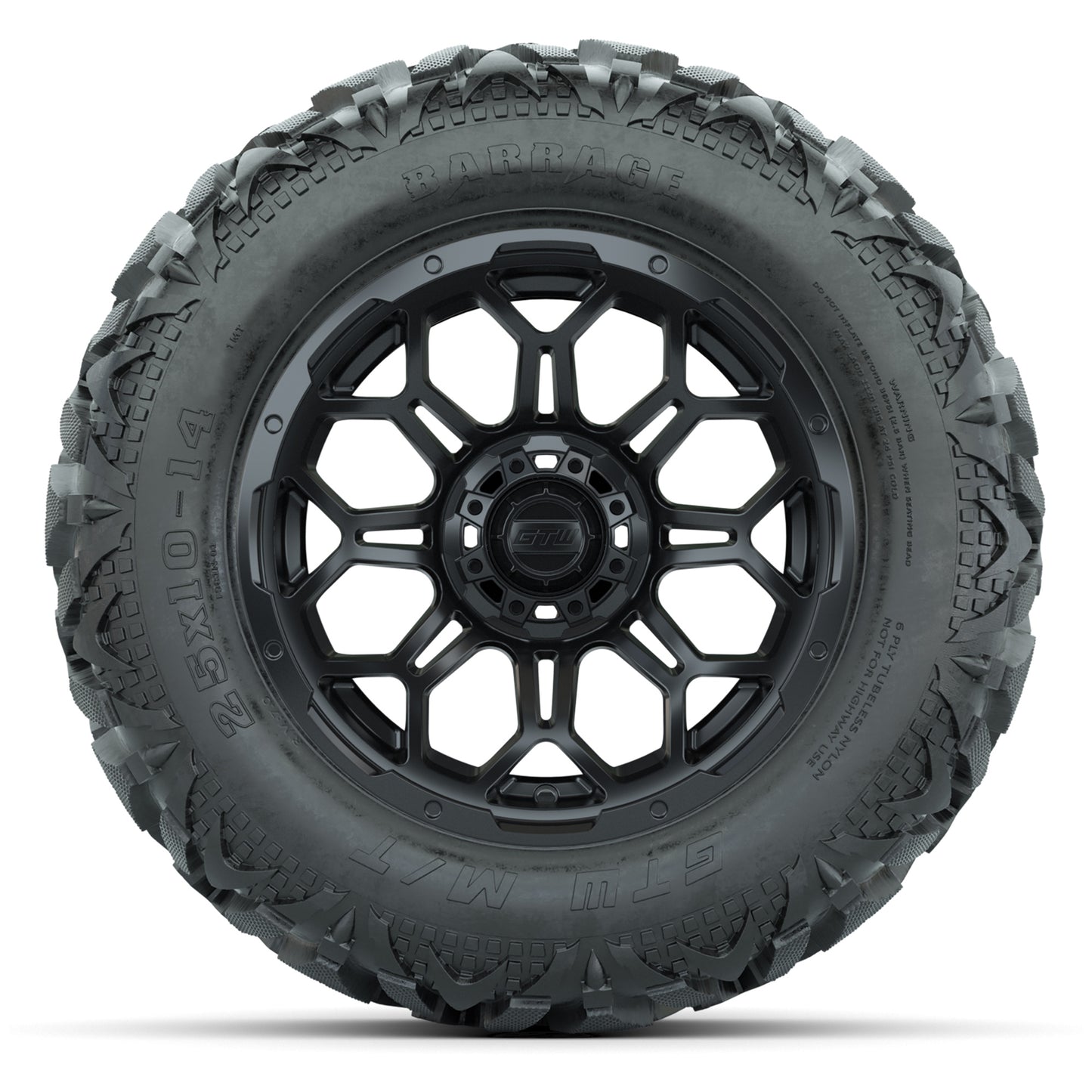 GTW Bravo Matte Black 14 in Wheels with 25x10-14 Barrage Mud Tires – Full Set