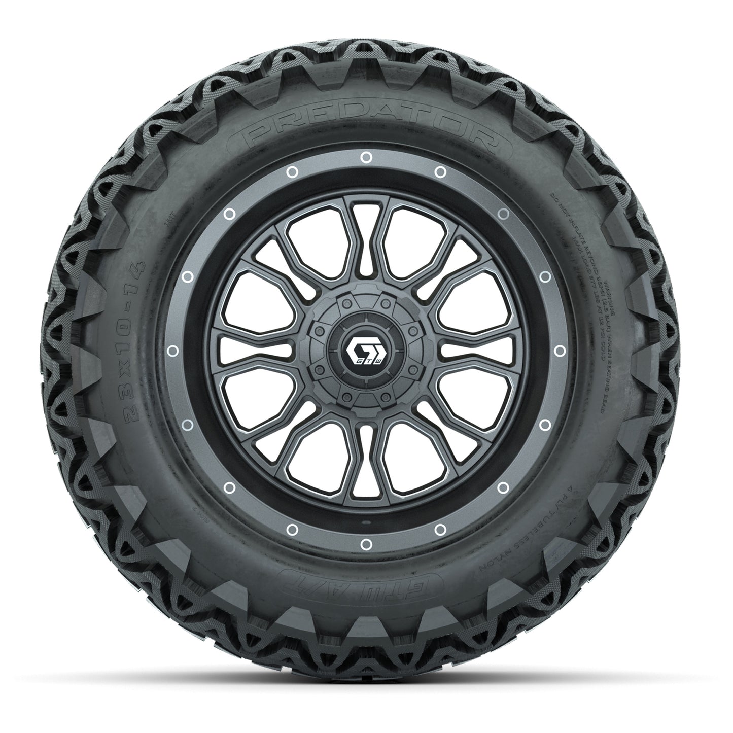 GTW Volt Gunmetal/Machined 14 in Wheels with 23x10-14 Predator All-Terrain Tires – Full Set