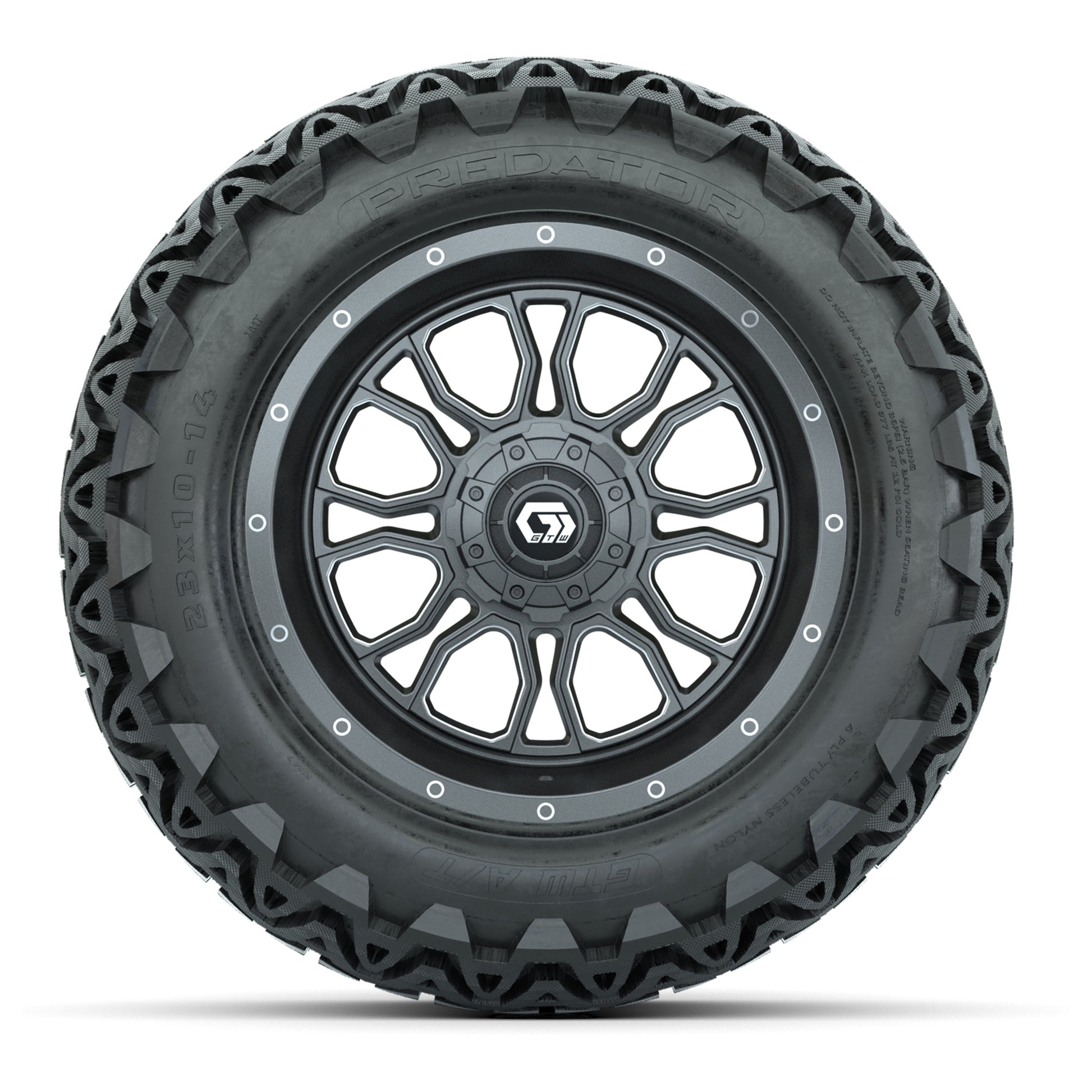GTW Volt Gunmetal/Machined 14 in Wheels with 23x10-14 Predator All-Terrain Tires – Full Set