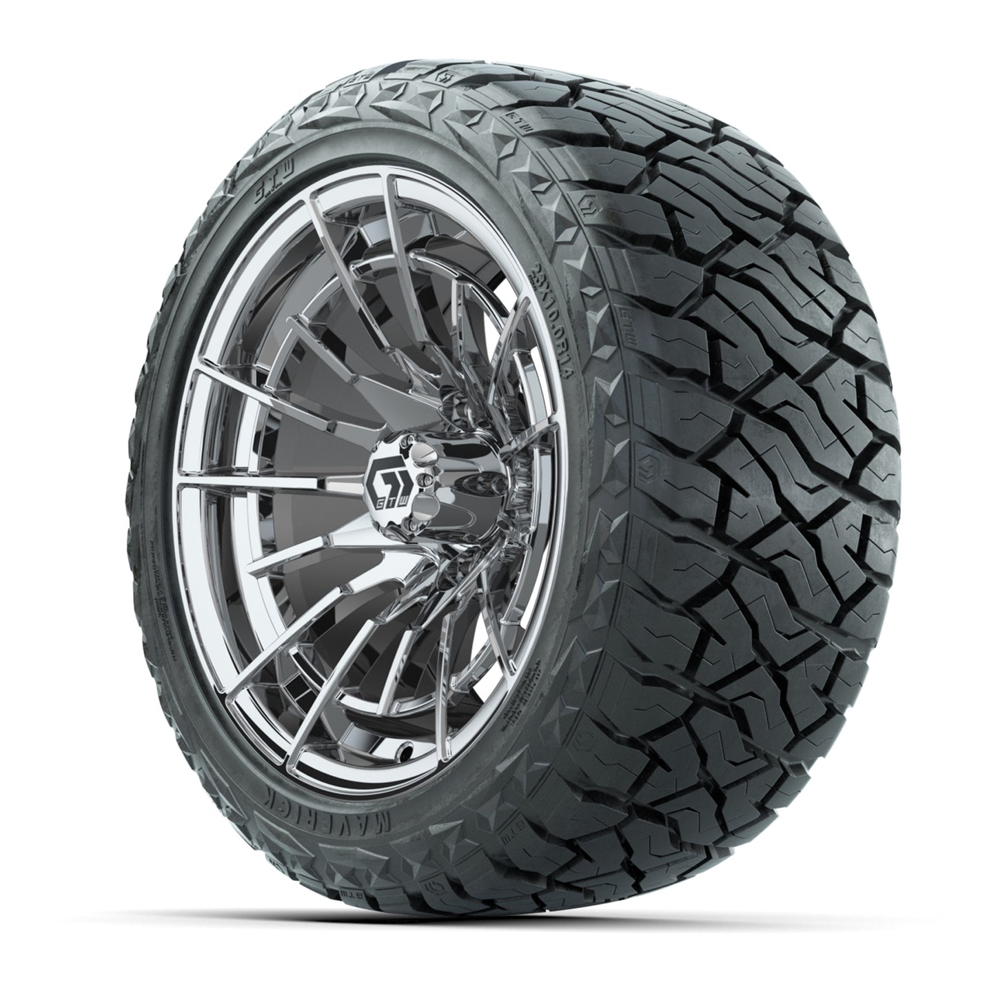 GTW Boost Chrome 14 in Wheels with 23x10.00-R14 Maverick All-Terrain Tires – Full Set