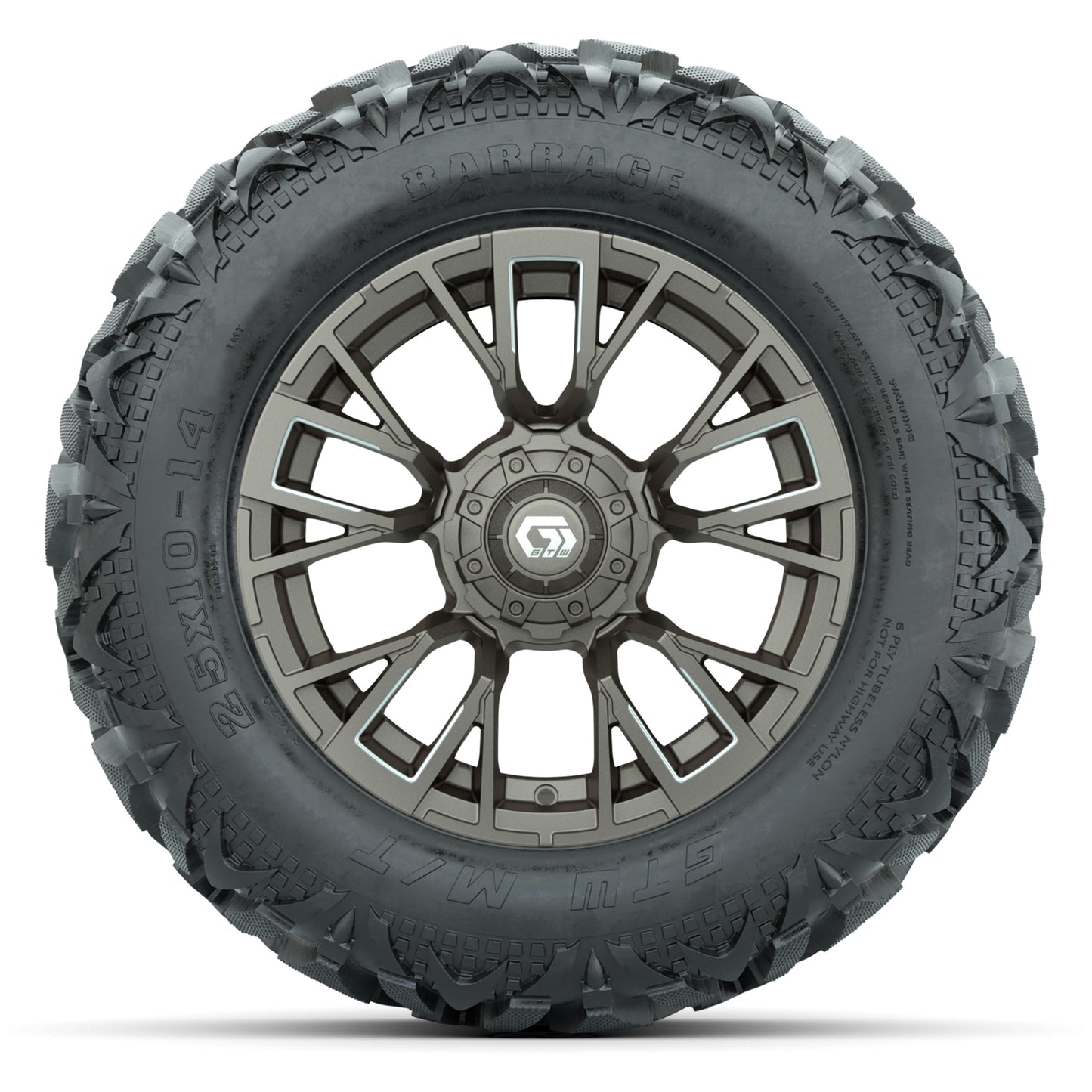 GTW Vandal Bronze/Machined 14 in Wheels with 25x10-14 Barrage Mud Tires – Full Set