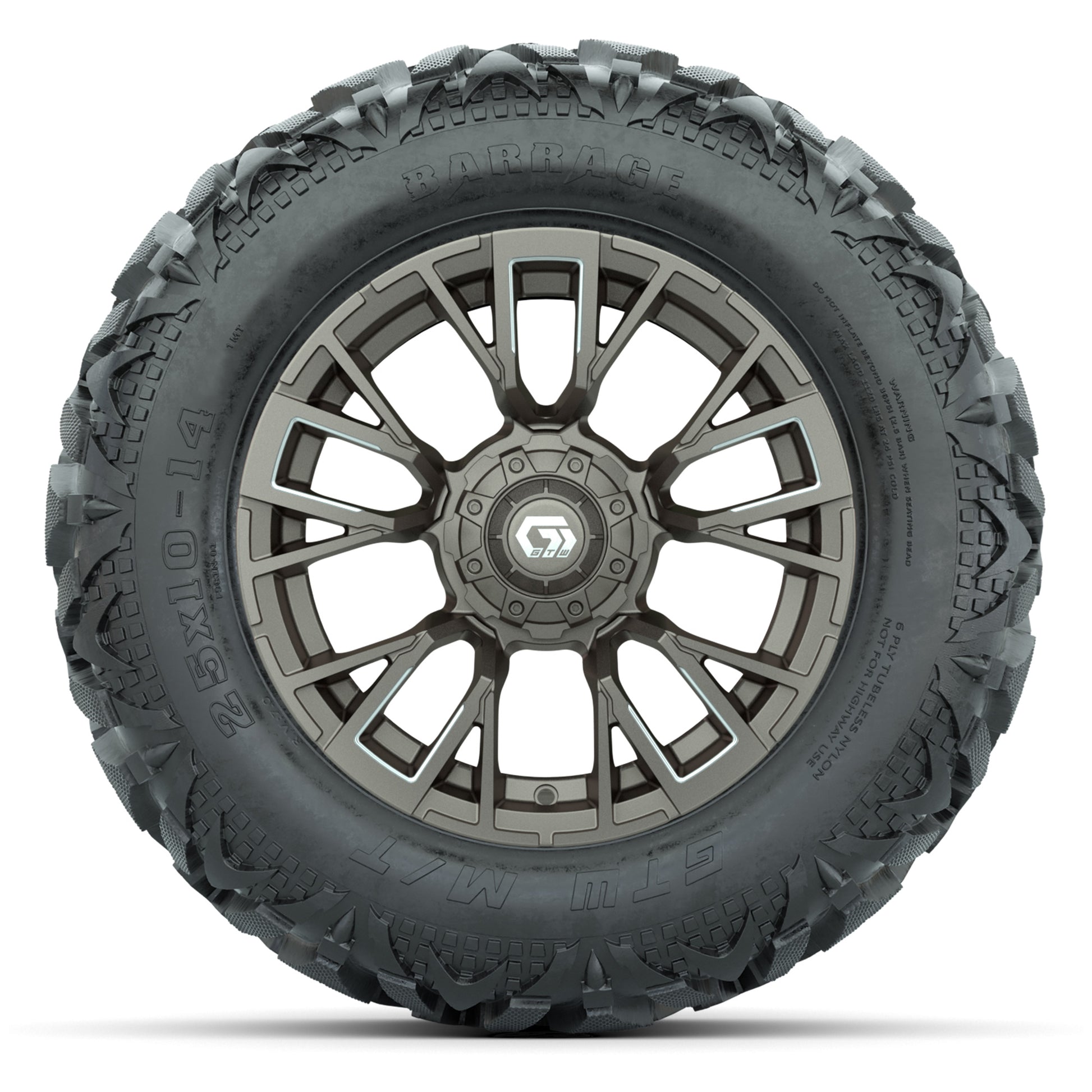 GTW Vandal Bronze/Machined 14 in Wheels with 25x10-14 Barrage Mud Tires – Full Set