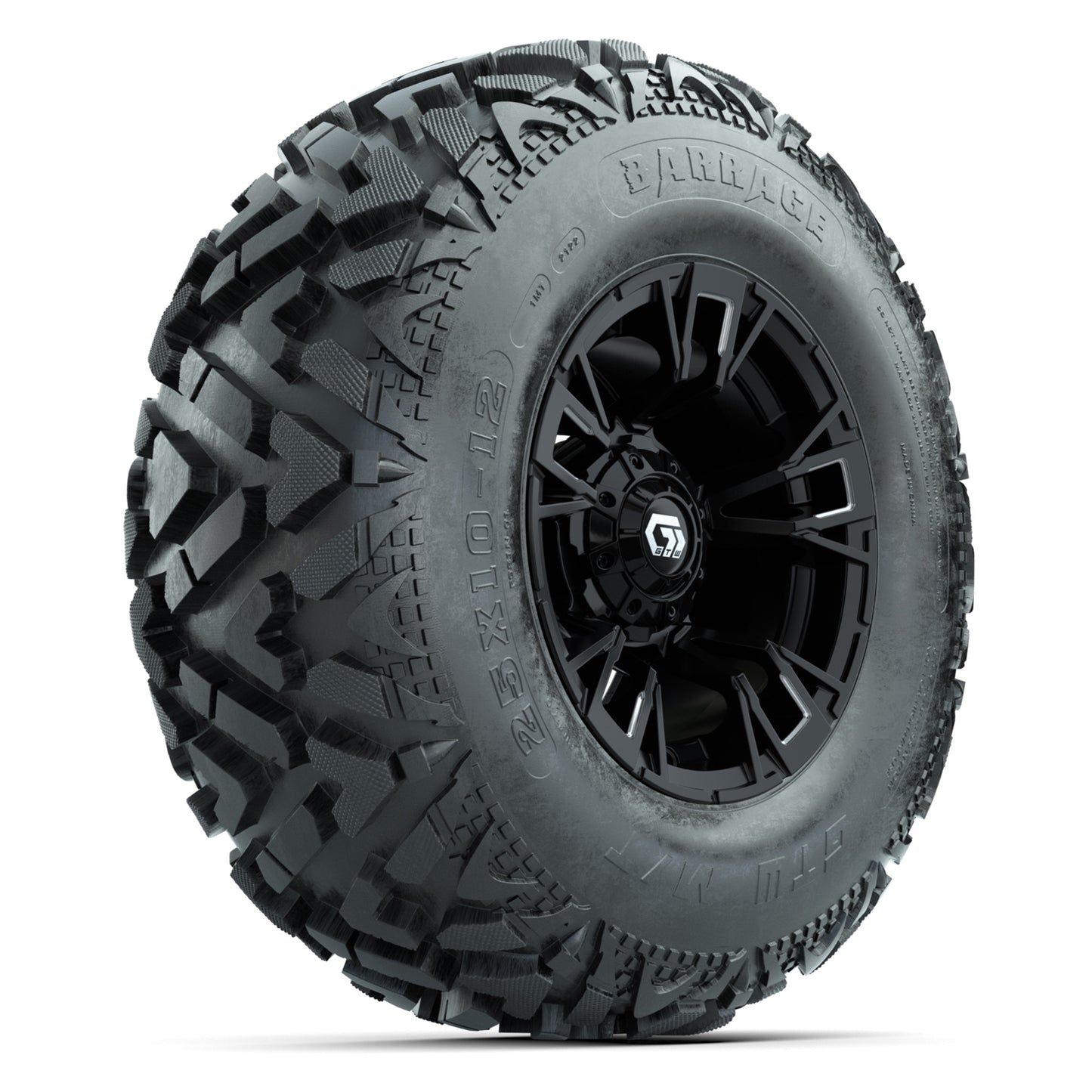 GTW® Vandal Matte Black/Machined 12 in Wheels with 25X10-12 Barrage Mud Tires – Full Set