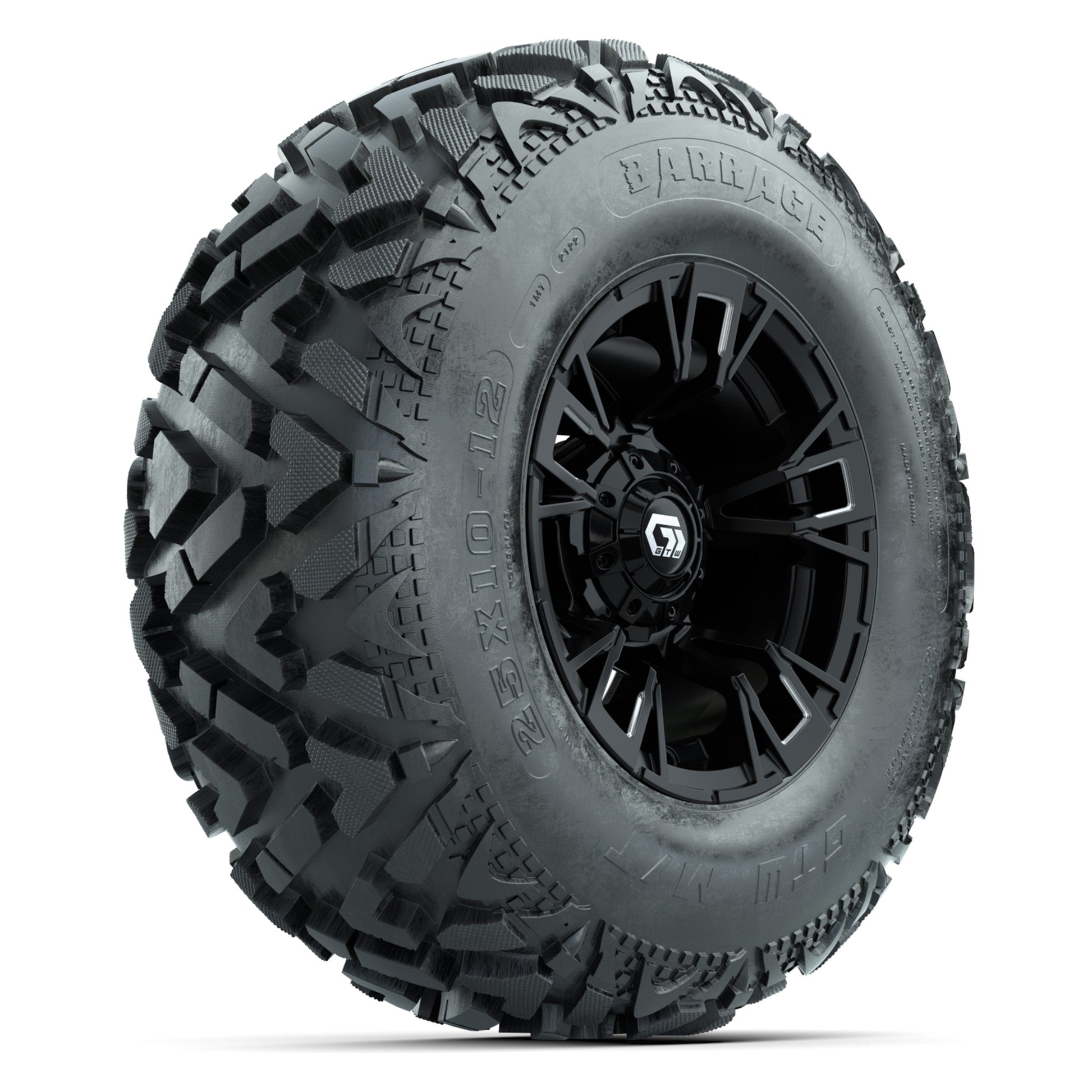 GTW® Vandal Matte Black/Machined 12 in Wheels with 25X10-12 Barrage Mud Tires – Full Set