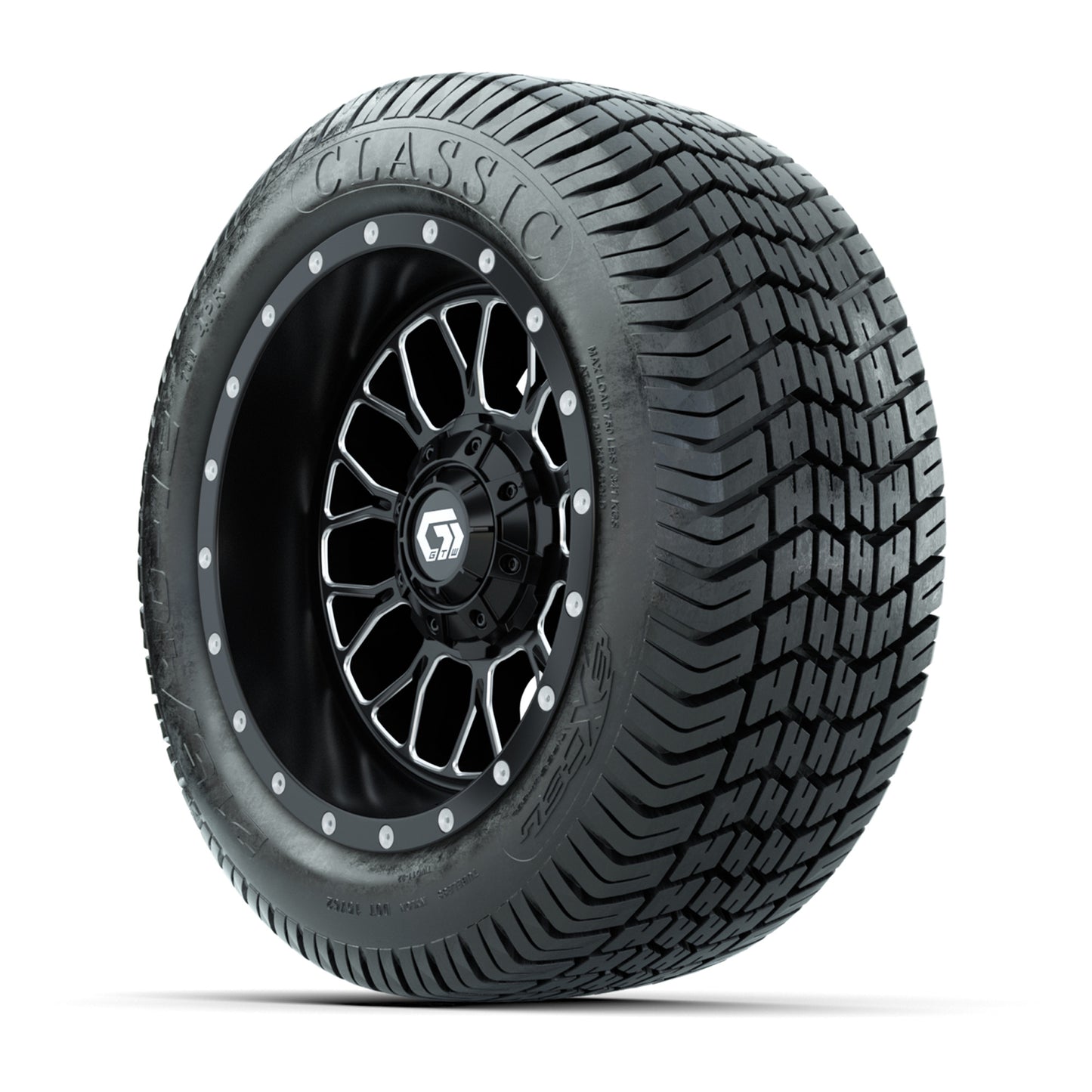 GTW® Helix Black/Machined 12 in Wheels with 215/40-12 Excel Classic Street Tires – Full Set