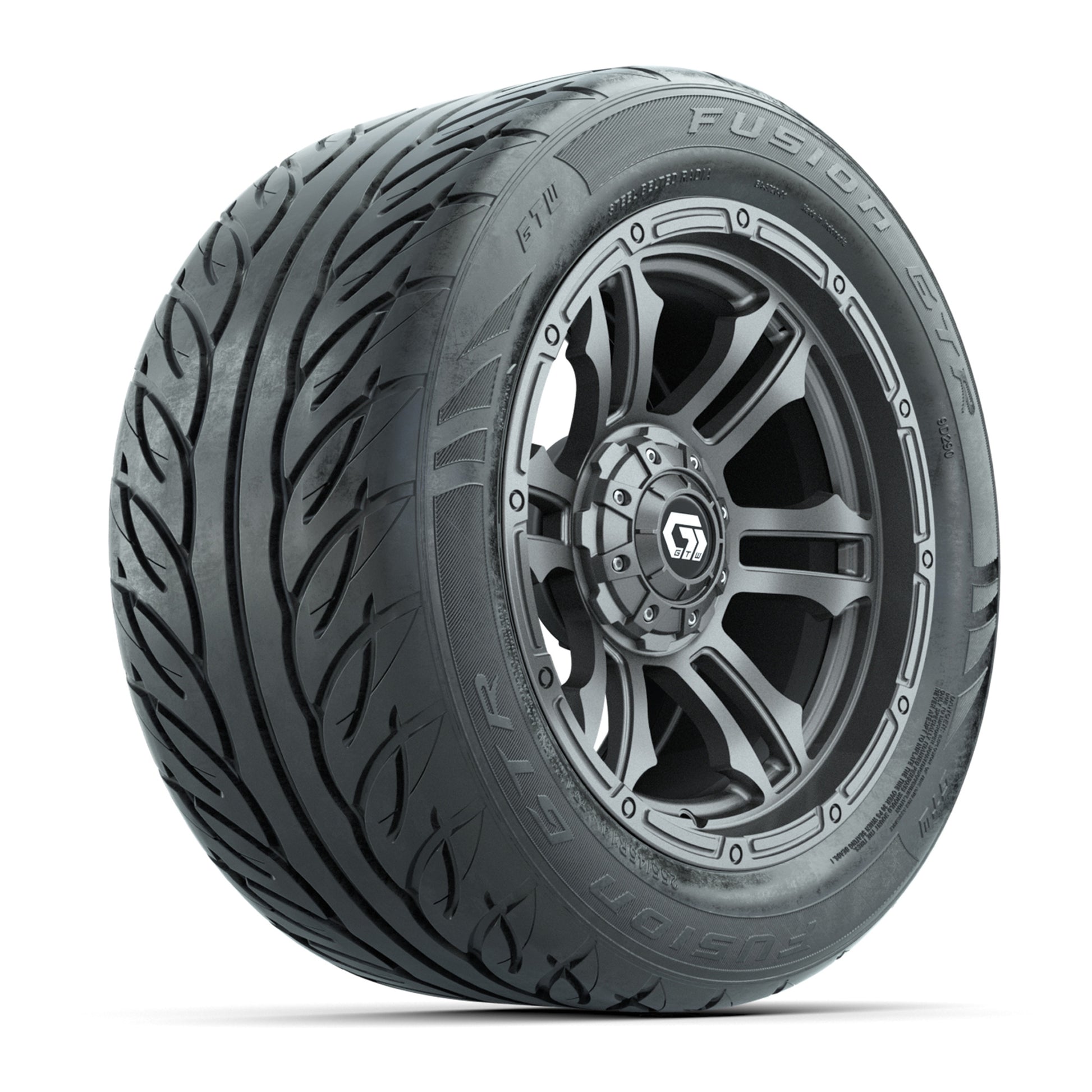 GTW® Shogun Gunmetal 14 in Wheels with 255/45-R14 Fusion GTR Steel Belt Radial Street Tires – Full Set