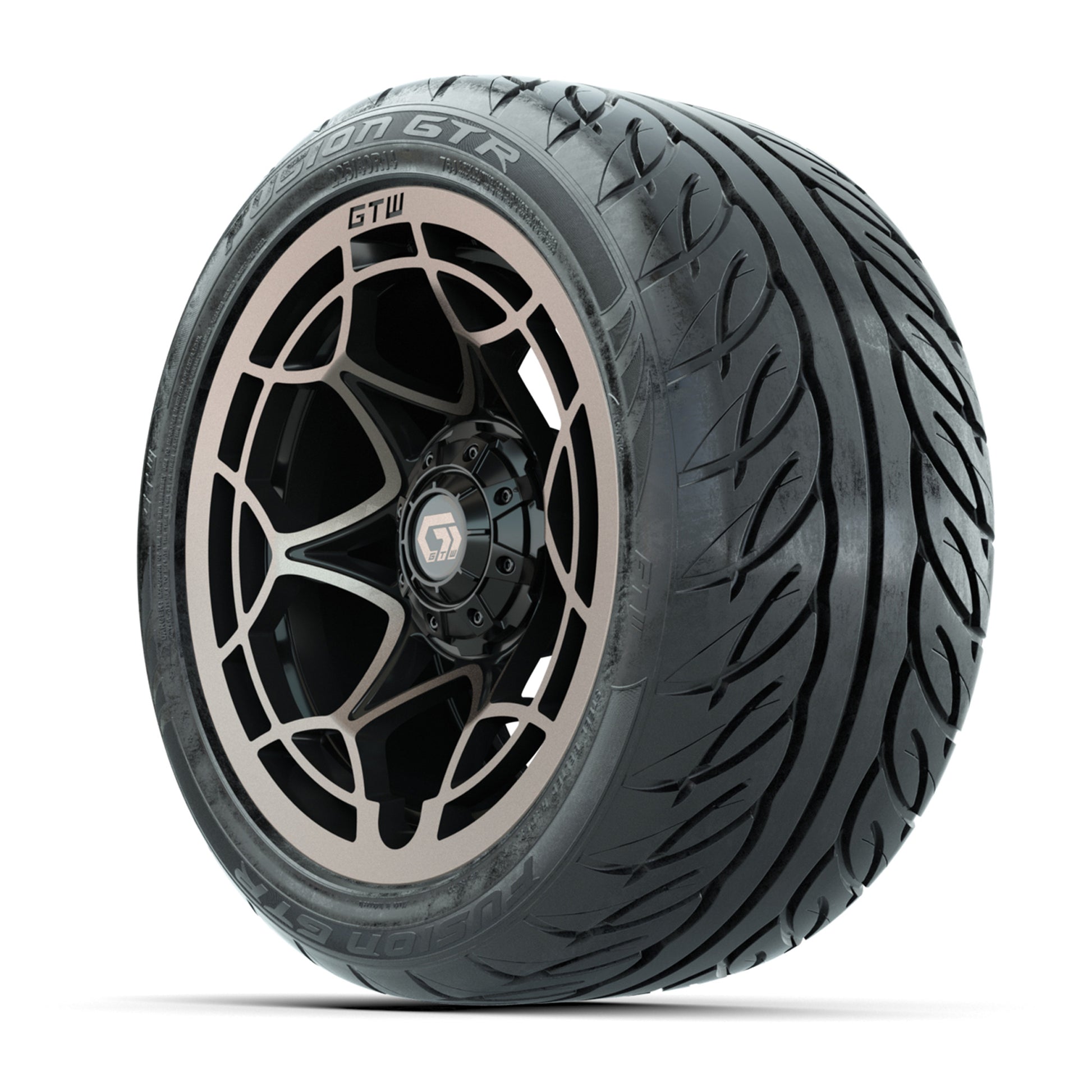 GTW® Nexus Black with Bronze Face 14 in Wheels with 225/40-R14 Fusion GTR Steel Belt Radial Street Tires – Full Set