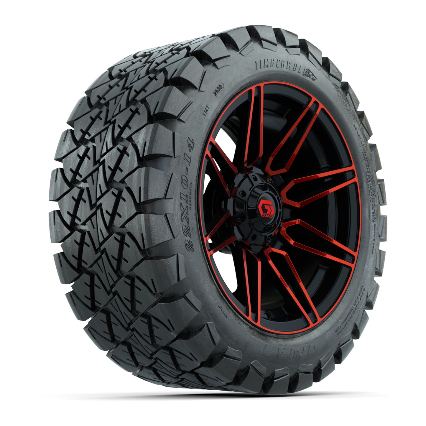 GTW® Stealth Gloss Black/Red 14 in Wheels with 22x10-14 Timberwolf All-Terrain Tires – Full Set