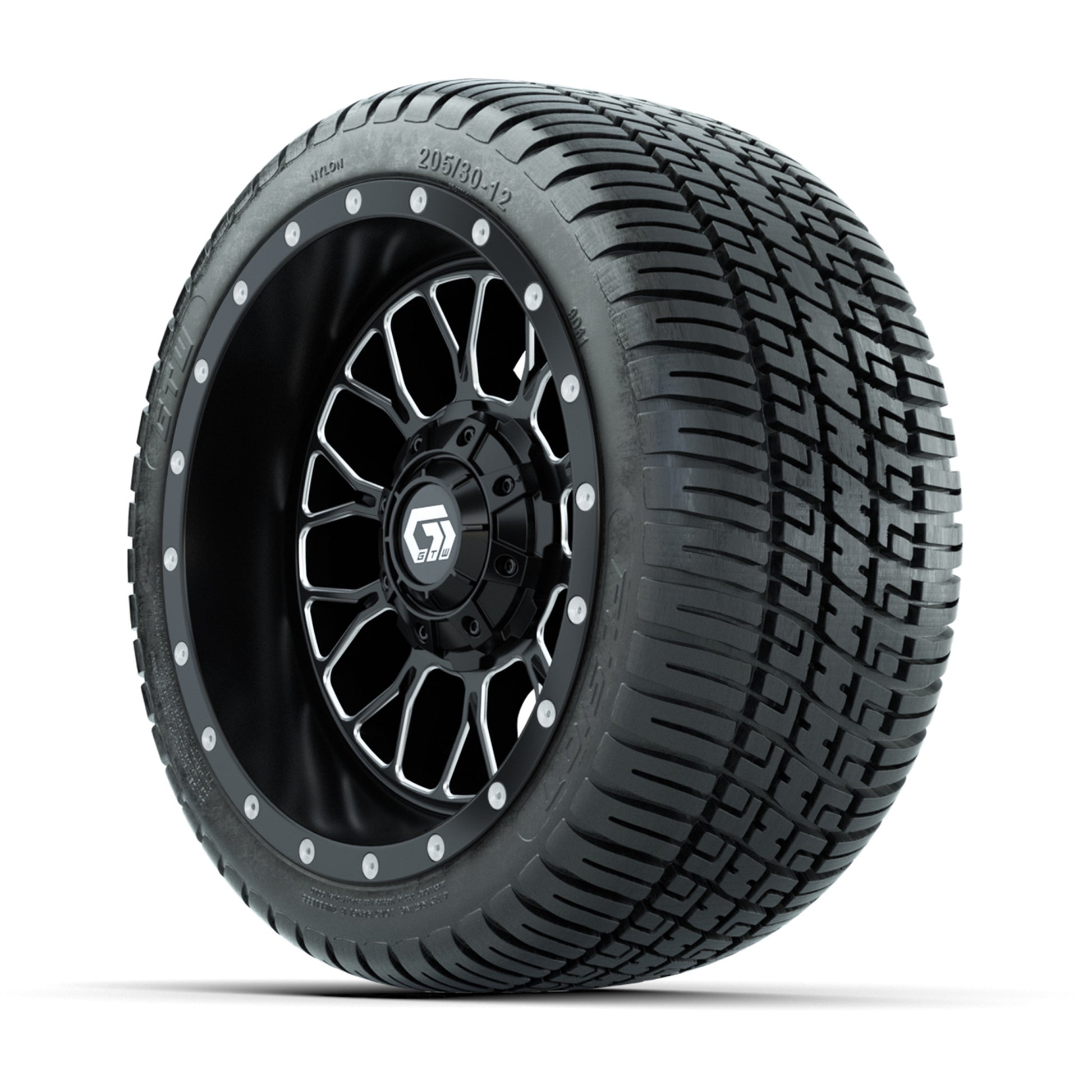 GTW® Helix Black/Machined 12 in Wheels with 205/30-12 Fusion Street Tires – Full Set