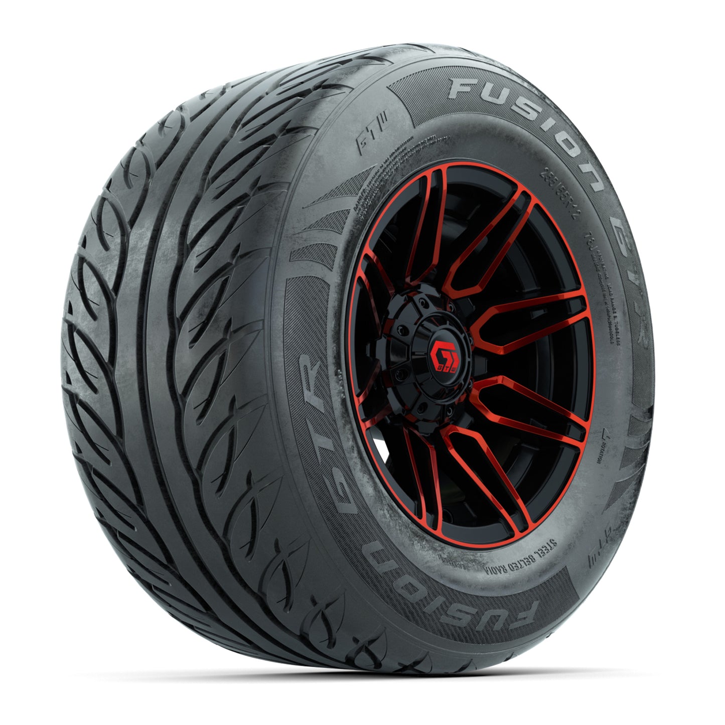 GTW® Stealth Red/Machined 12 in Wheels with 255/55-R12 Fusion GTR Steel Belt Radial Street Tires – Full Set