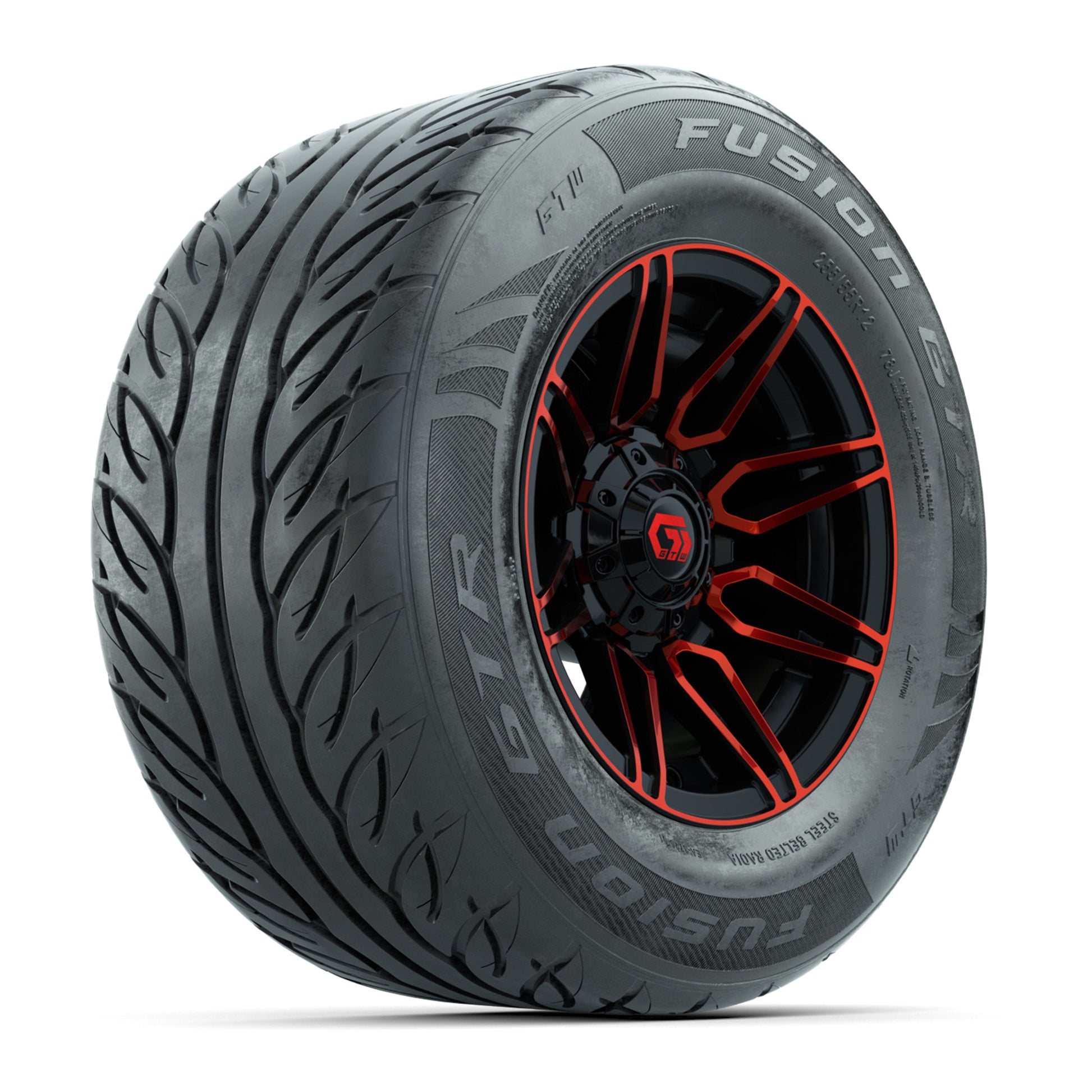GTW® Stealth Red/Machined 12 in Wheels with 255/55-R12 Fusion GTR Steel Belt Radial Street Tires – Full Set