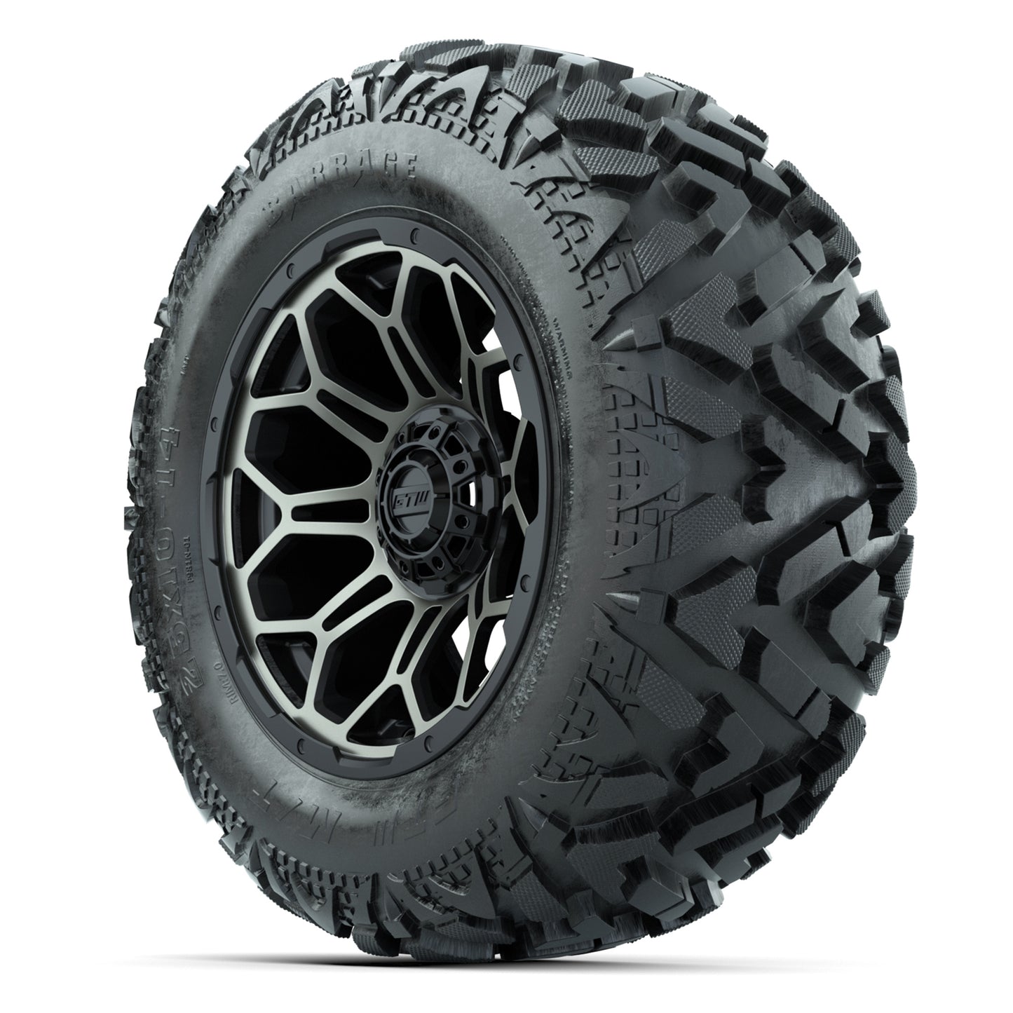 GTW Bravo Black/Bronze Tint 14 in Wheels with 25x10-14 Barrage Mud Tires – Full Set