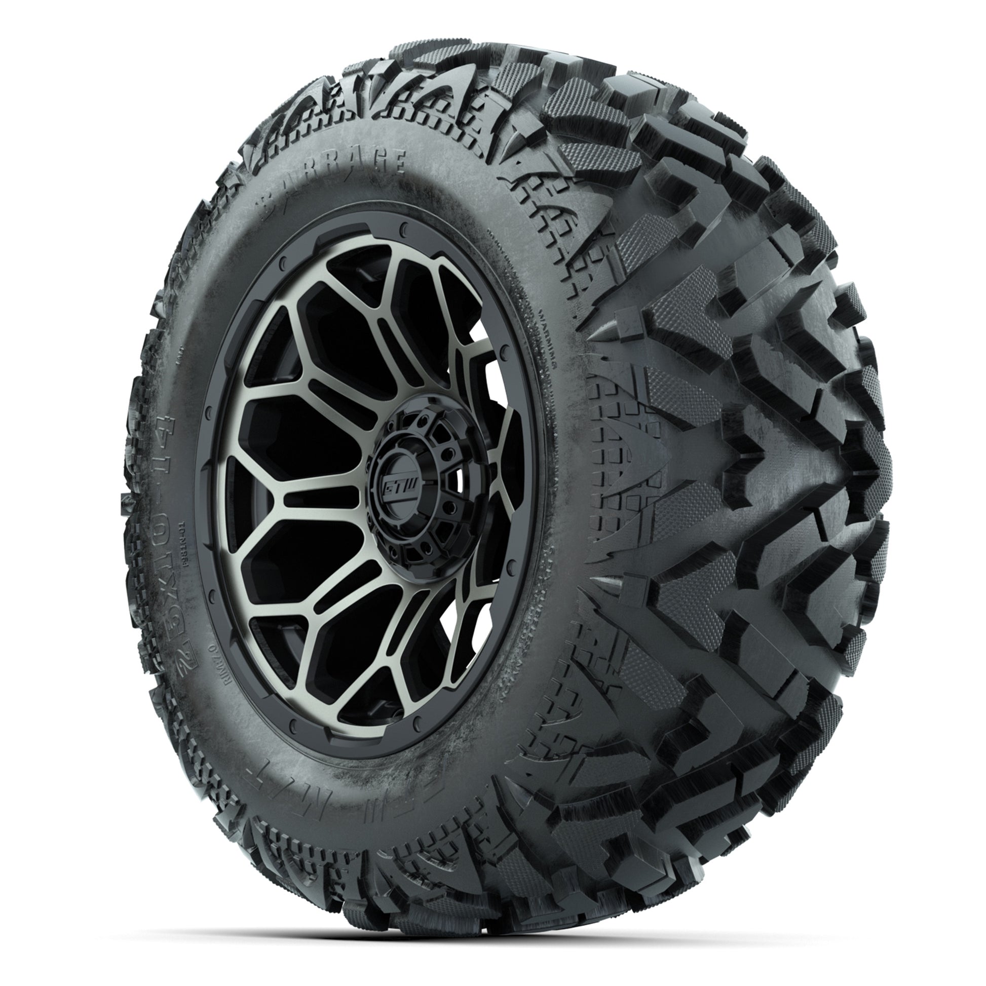 GTW Bravo Black/Bronze Tint 14 in Wheels with 25x10-14 Barrage Mud Tires – Full Set