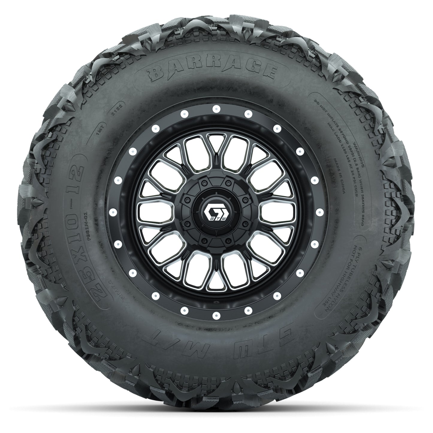 GTW® Helix Black/Machined 12 in Wheels with 25X10-12 Barrage Mud Tires – Full Set