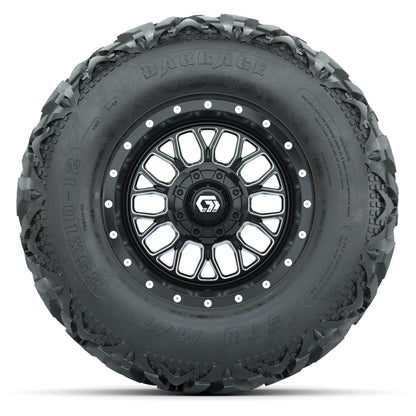 GTW® Helix Black/Machined 12 in Wheels with 25X10-12 Barrage Mud Tires – Full Set