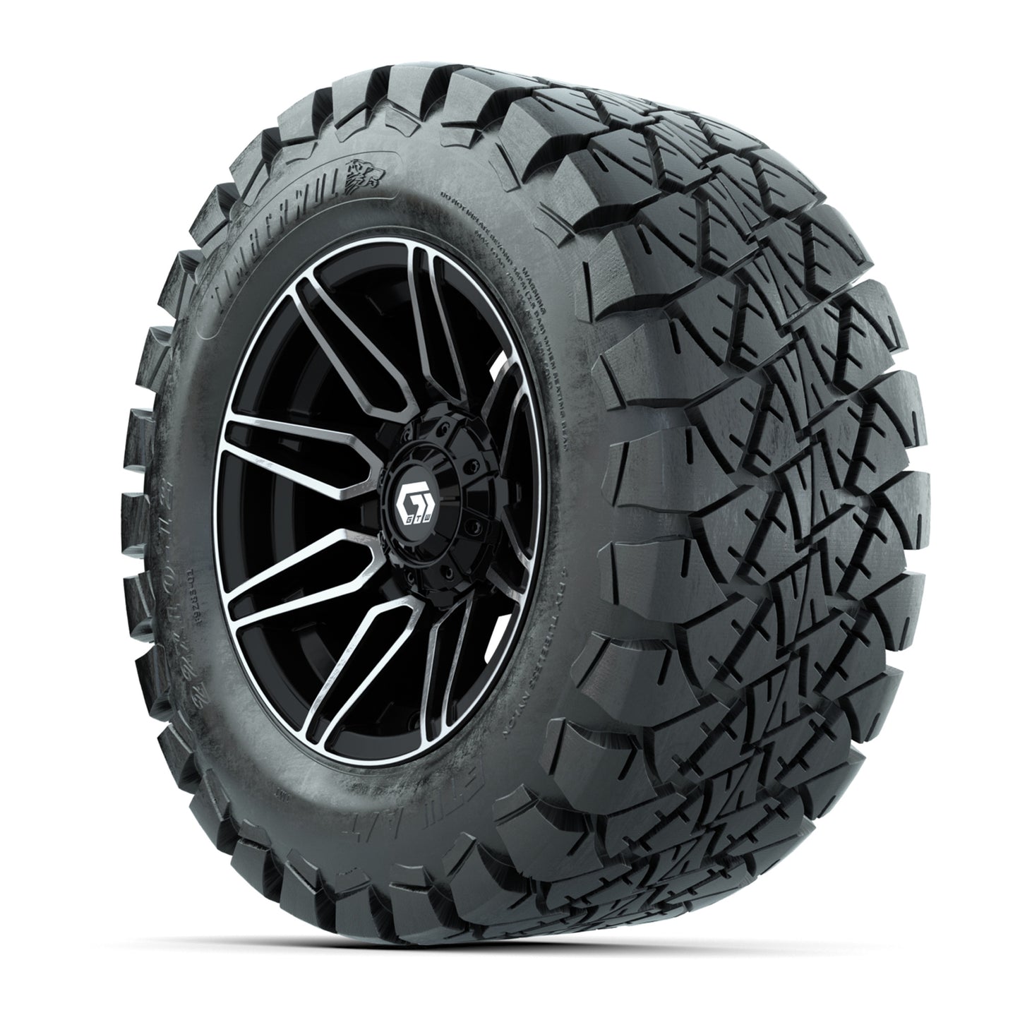 GTW® Stealth Black/Machined 12 in Wheels with 22x10-12 Timberwolf All-Terrain Tires – Full Set